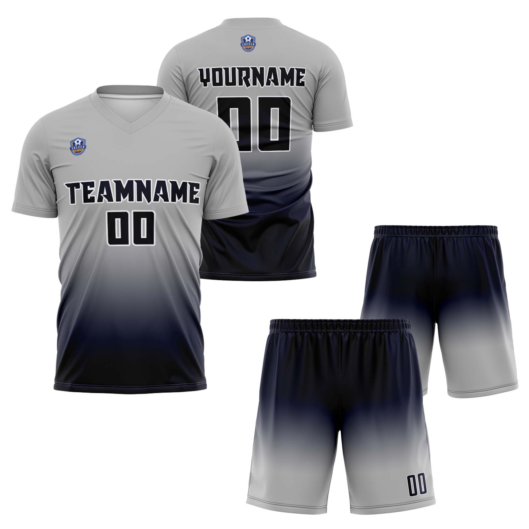 Custom Gray Navy Gradient Soccer Uniform Set – Personalized Jerseys for Adults & Kids