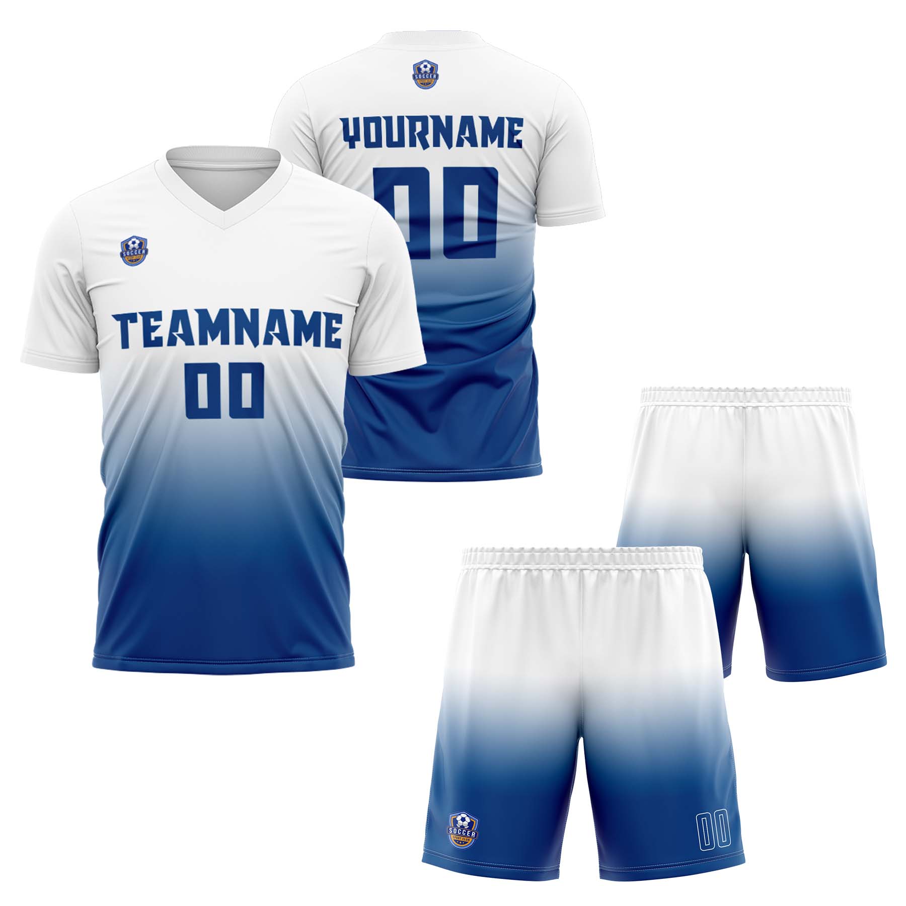 Custom White Blue Gradient Soccer Uniform Set – Personalized Jerseys for Adults & Kid