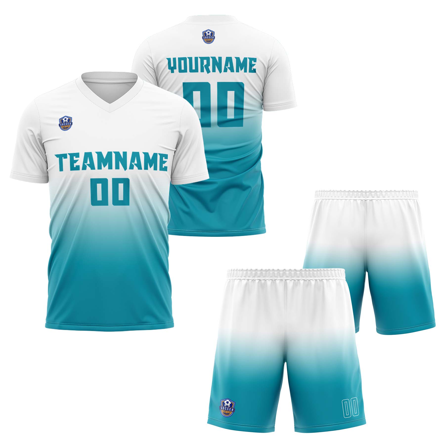 Custom White Teal Gradient Soccer Uniform Set – Personalized Jerseys for Adults & Kid