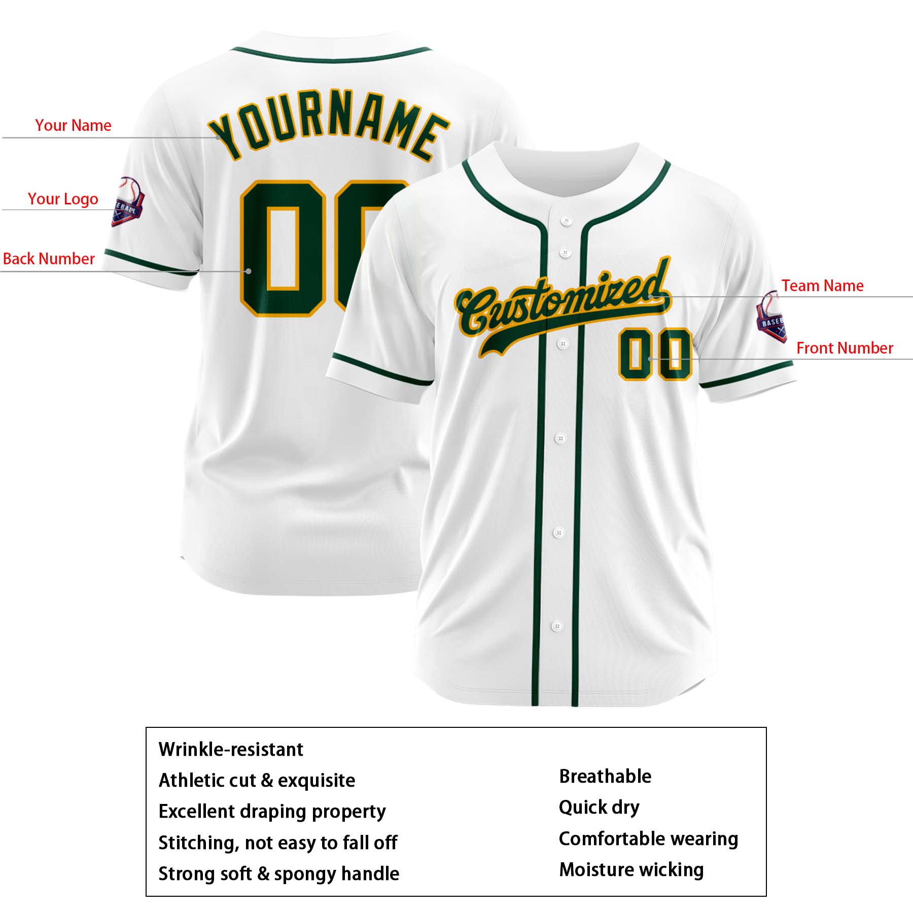 Custom Personalized White Teal Gold Fashion Design Full Button Authentic Baseball Jersey