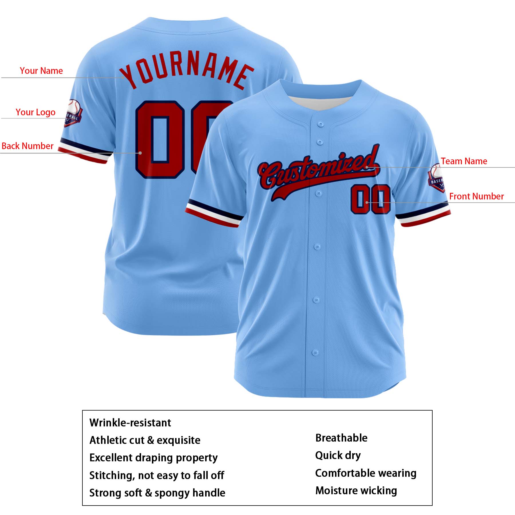 Custom Personalized Light Blue Red Fashion Design Full Button Authentic Baseball Jersey