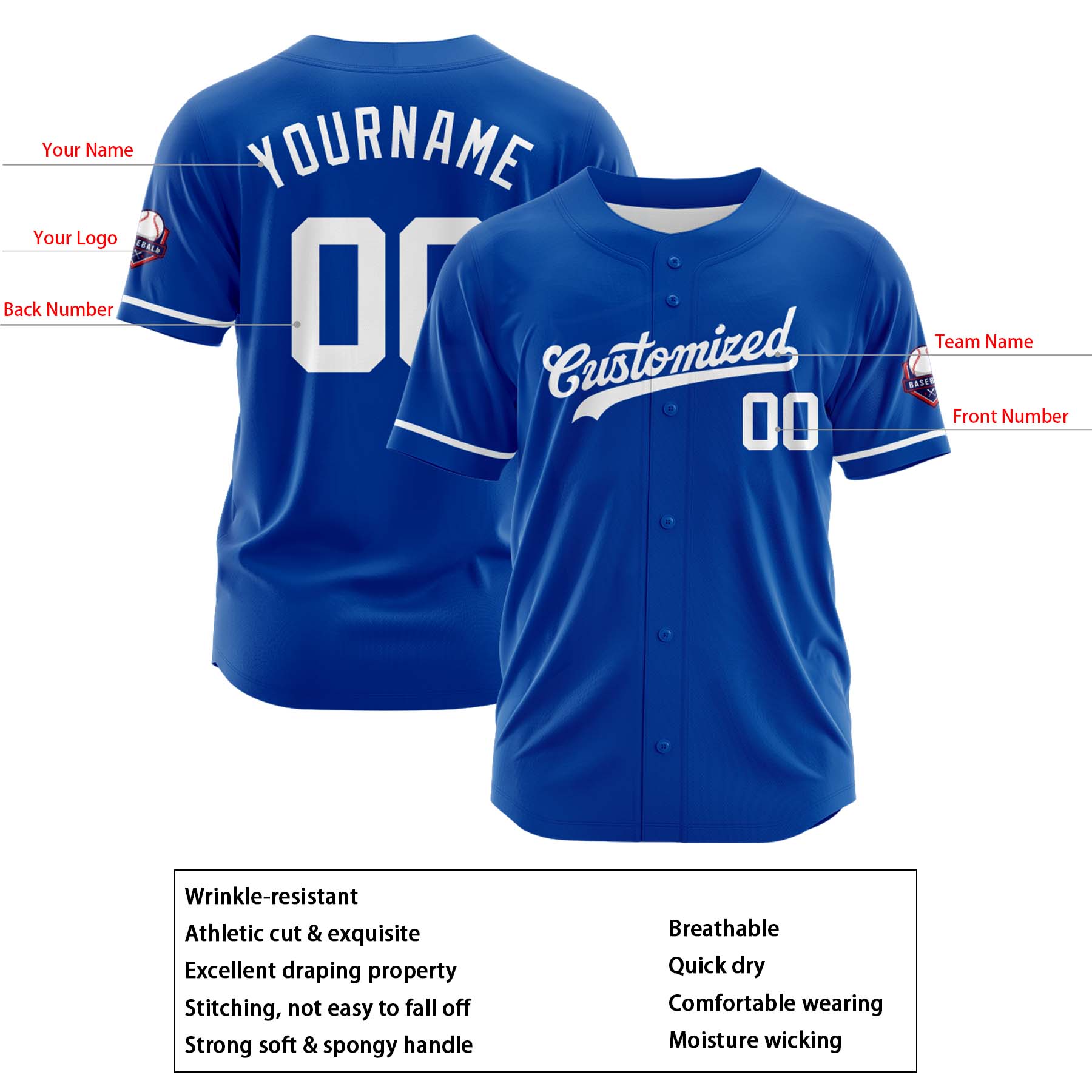 Custom Personalized Blue White Fashion Design Full Button Authentic Baseball Jersey