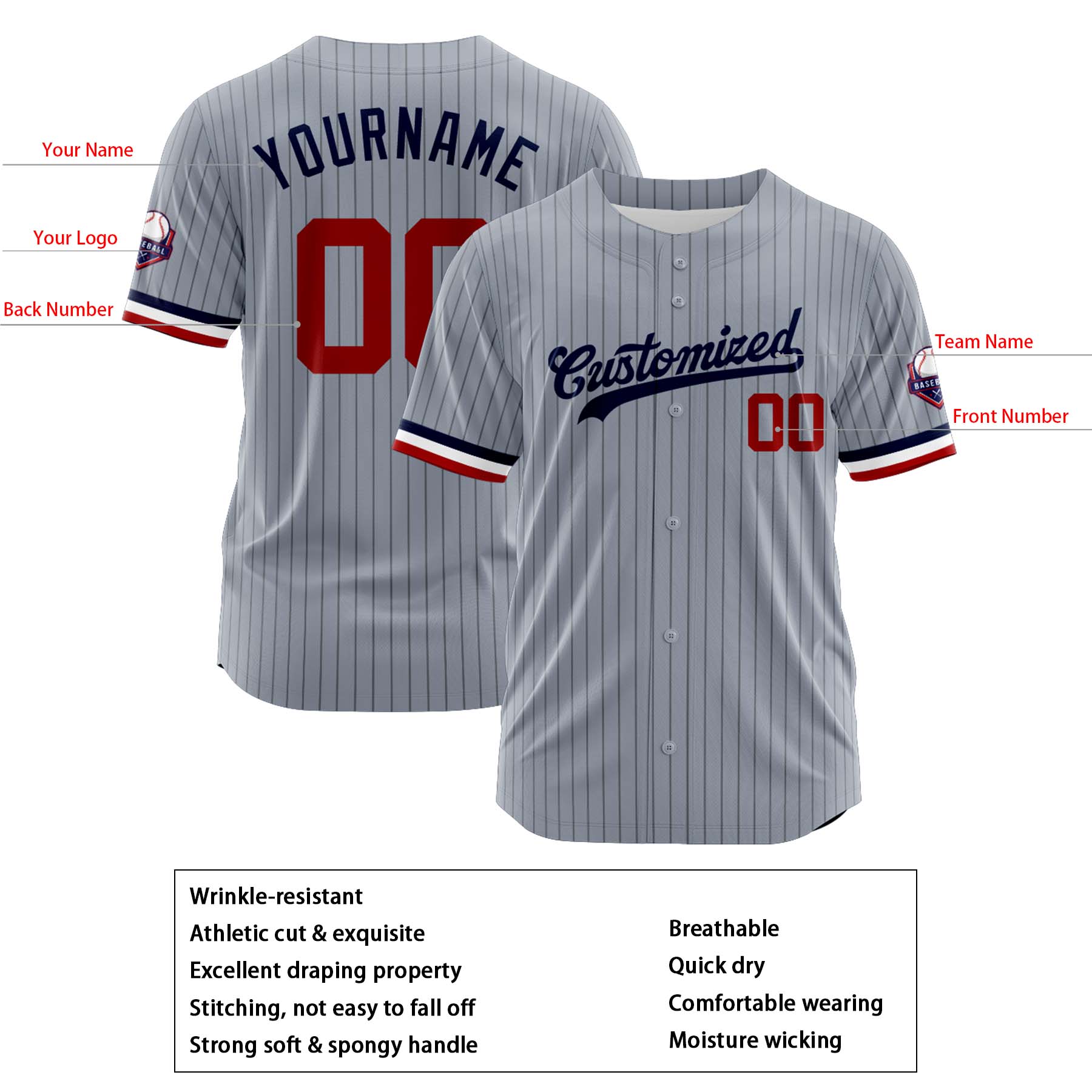 Custom Personalized Gray Navy Stripe Fashion Design Full Button Authentic Baseball Jersey