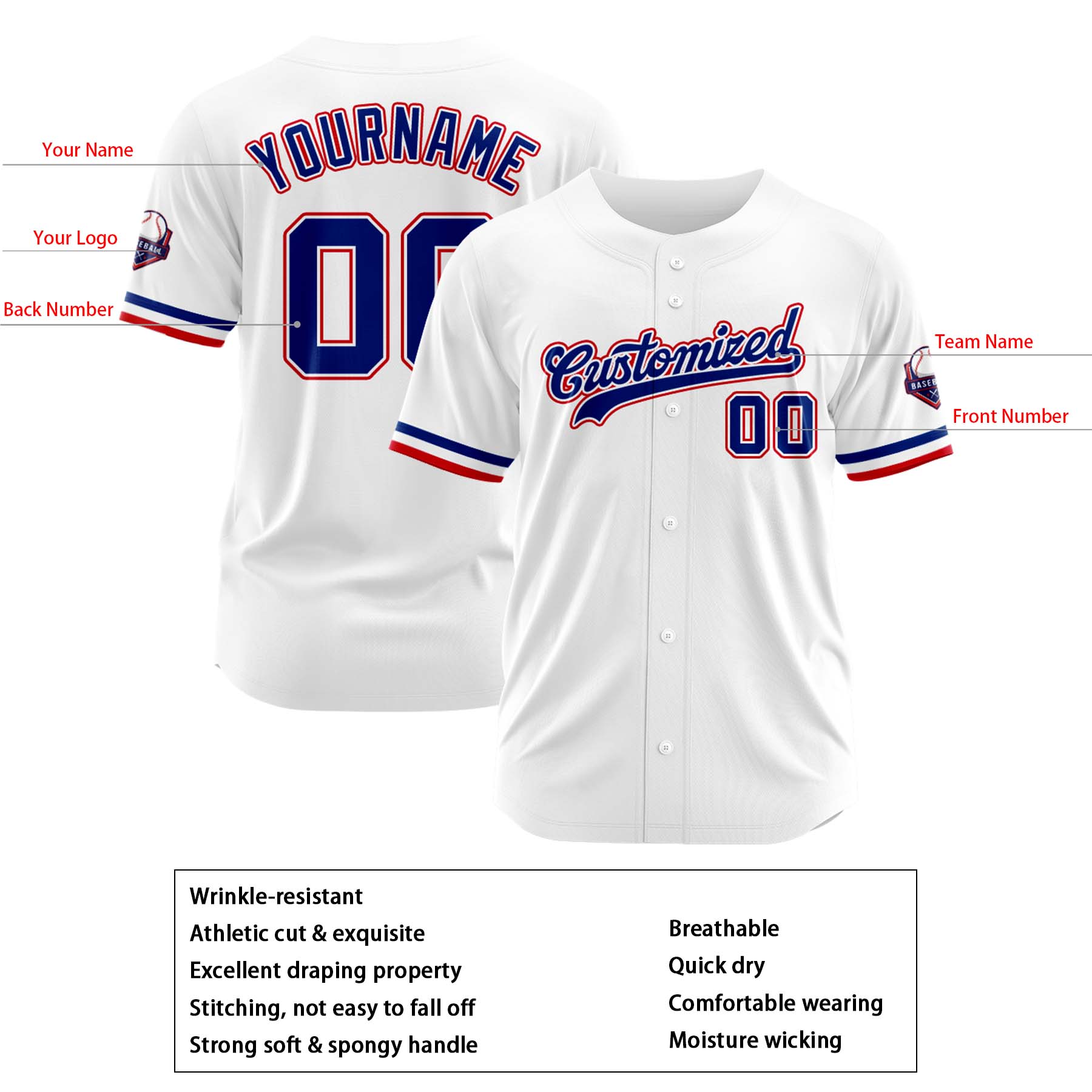 Custom Personalized White Blue Red Fashion Design Full Button Authentic Baseball Jersey