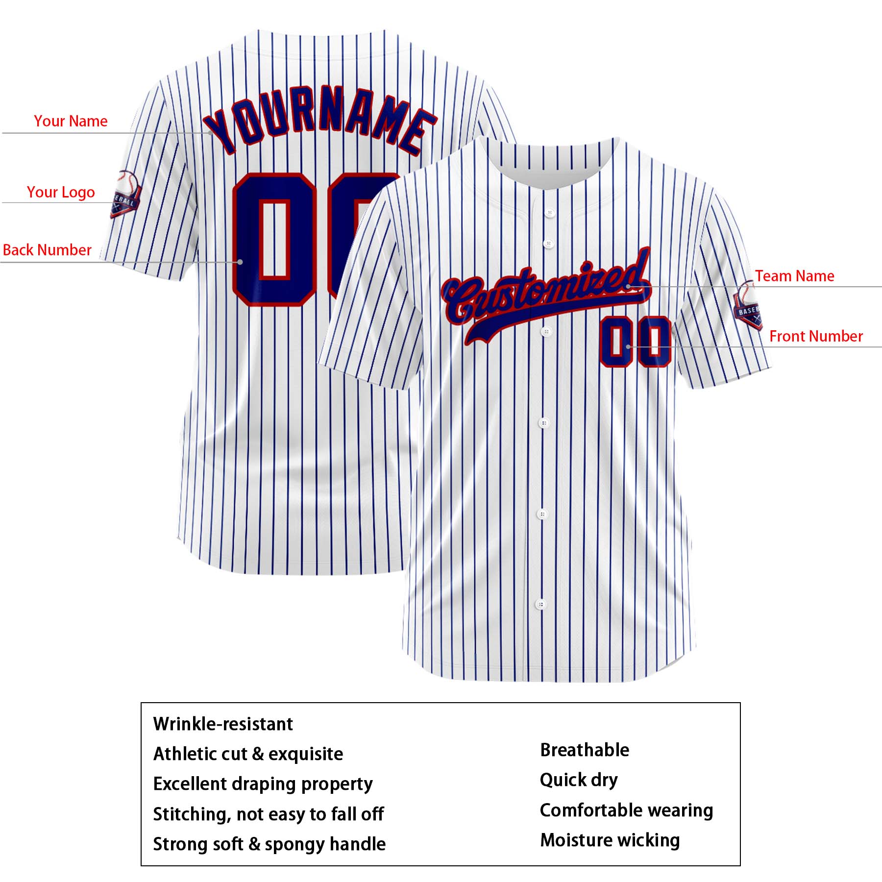 Custom Personalized White Blue Stripe Fashion Design Full Button Authentic Baseball Jersey