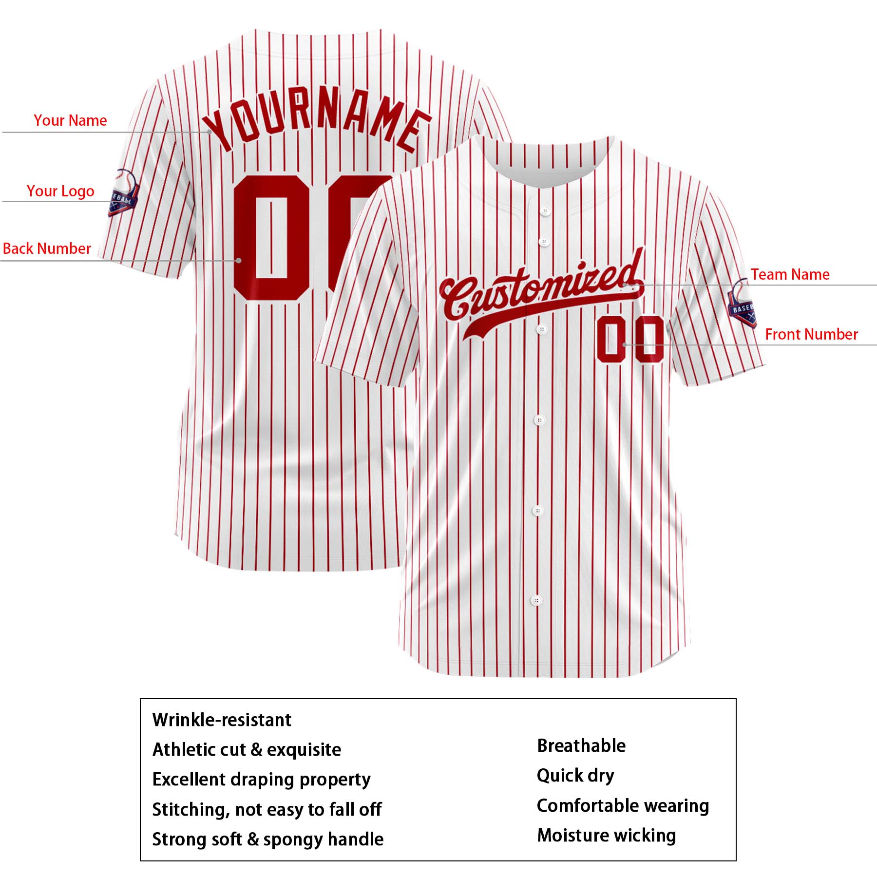 Custom Personalized White Red Stripe Fashion Design Full Button Authentic Baseball Jersey