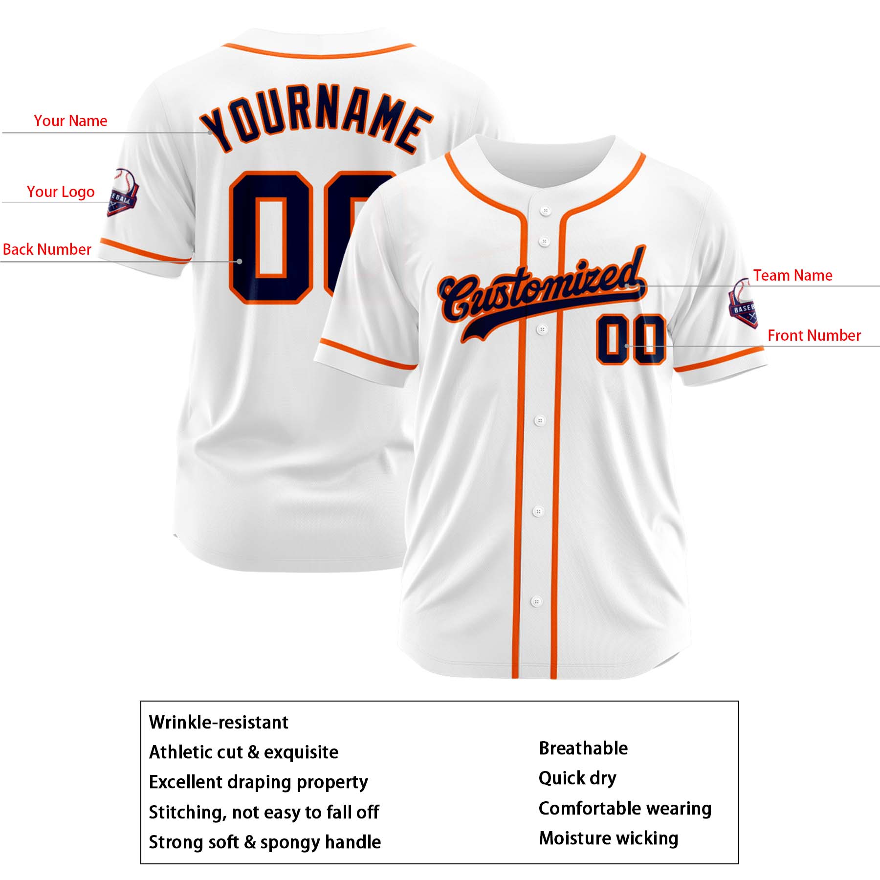 Custom Personalized White Navy Orange Fashion Design Full Button Authentic Baseball Jersey