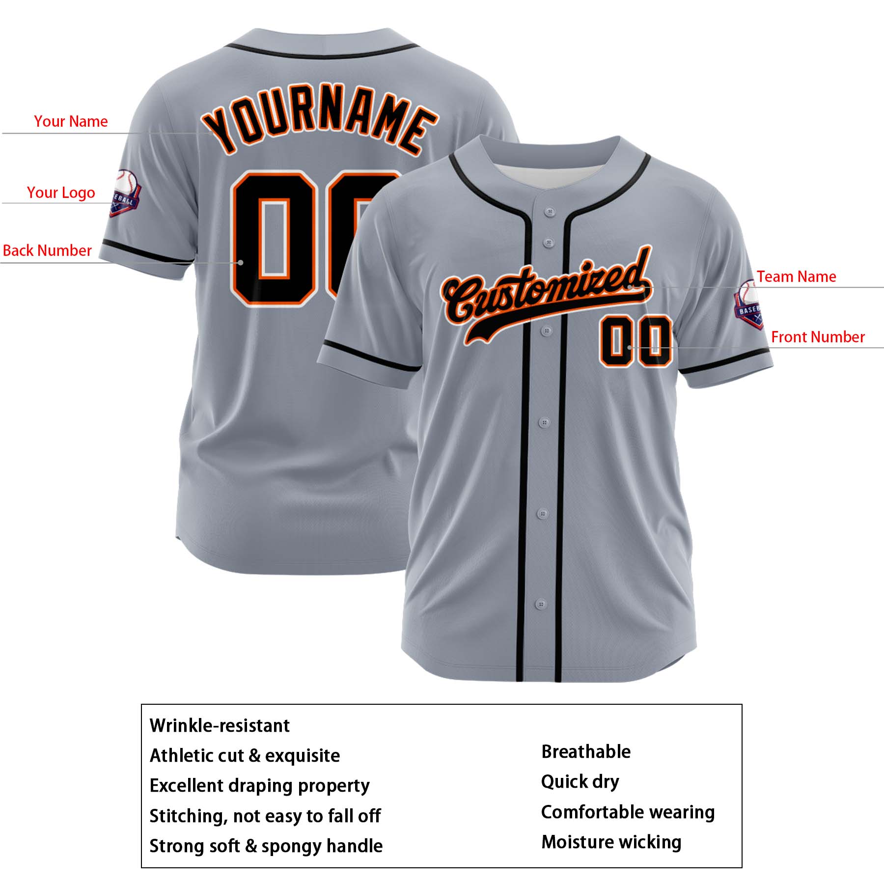 Custom Personalized Gray Black Orange Fashion Design Full Button Authentic Baseball Jersey