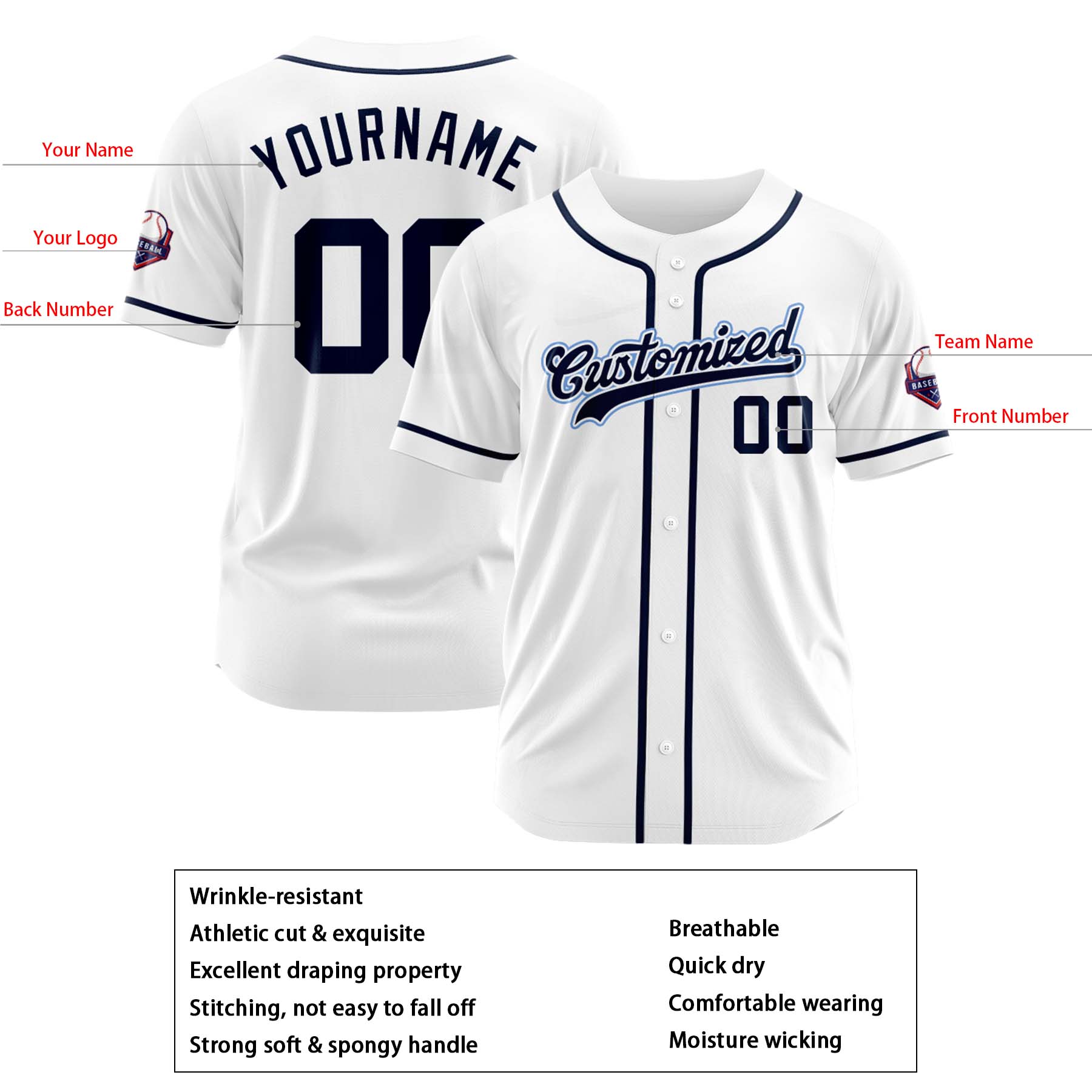 Custom Personalized White Navy Fashion Design Full Button Authentic Baseball Jersey