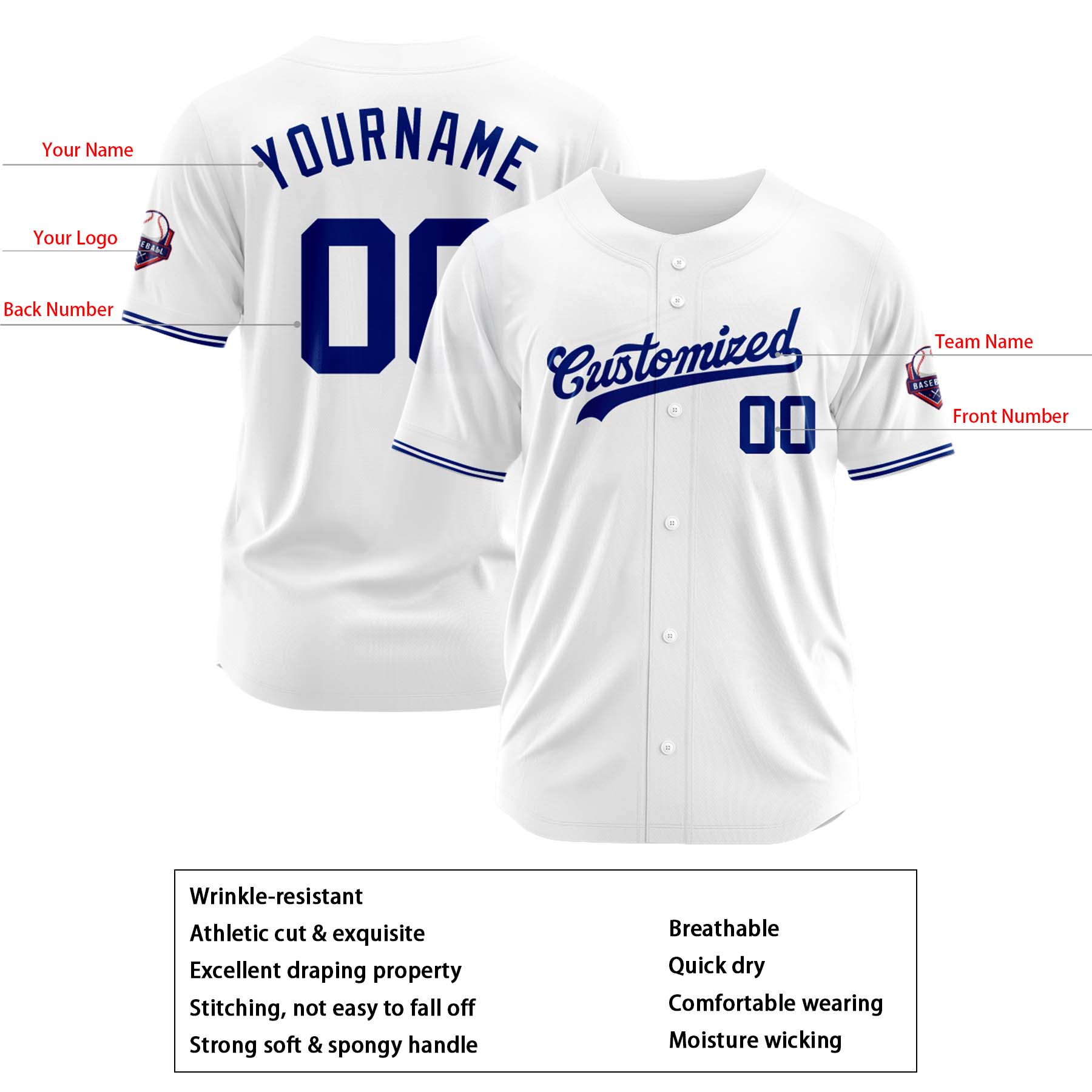 Custom Personalized White Blue Fashion Design Full Button Authentic Baseball Jersey