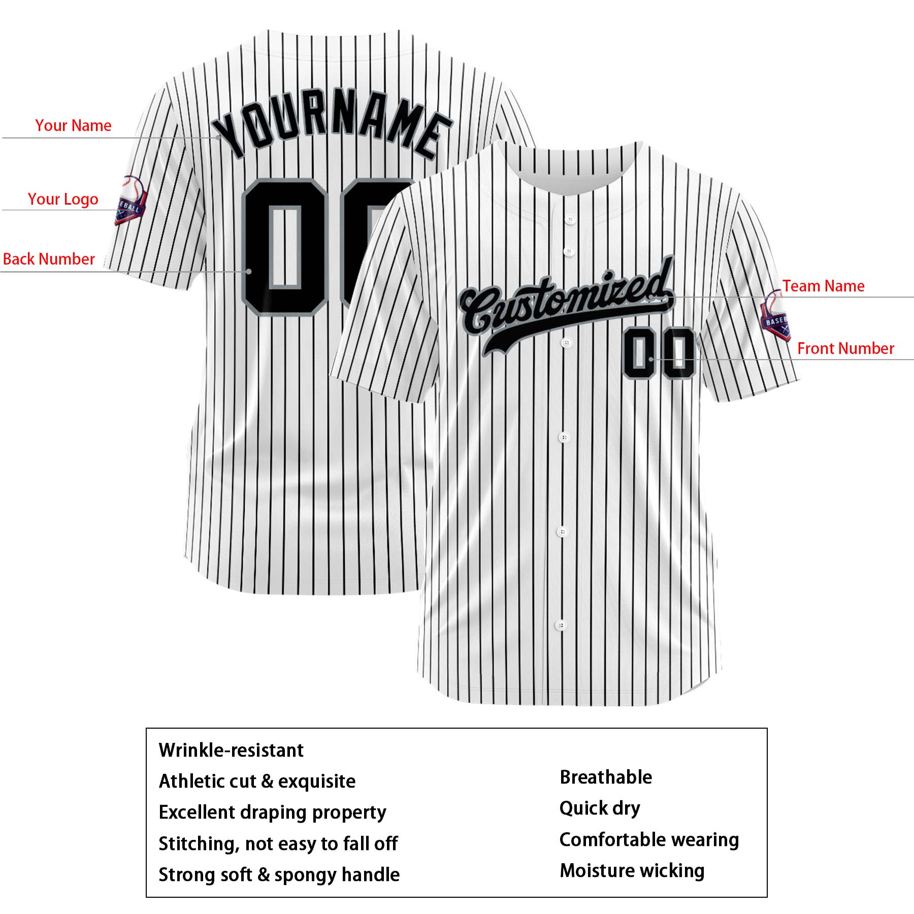 Custom Personalized White Black Gray Stripe Fashion Design Full Button Authentic Baseball Jersey