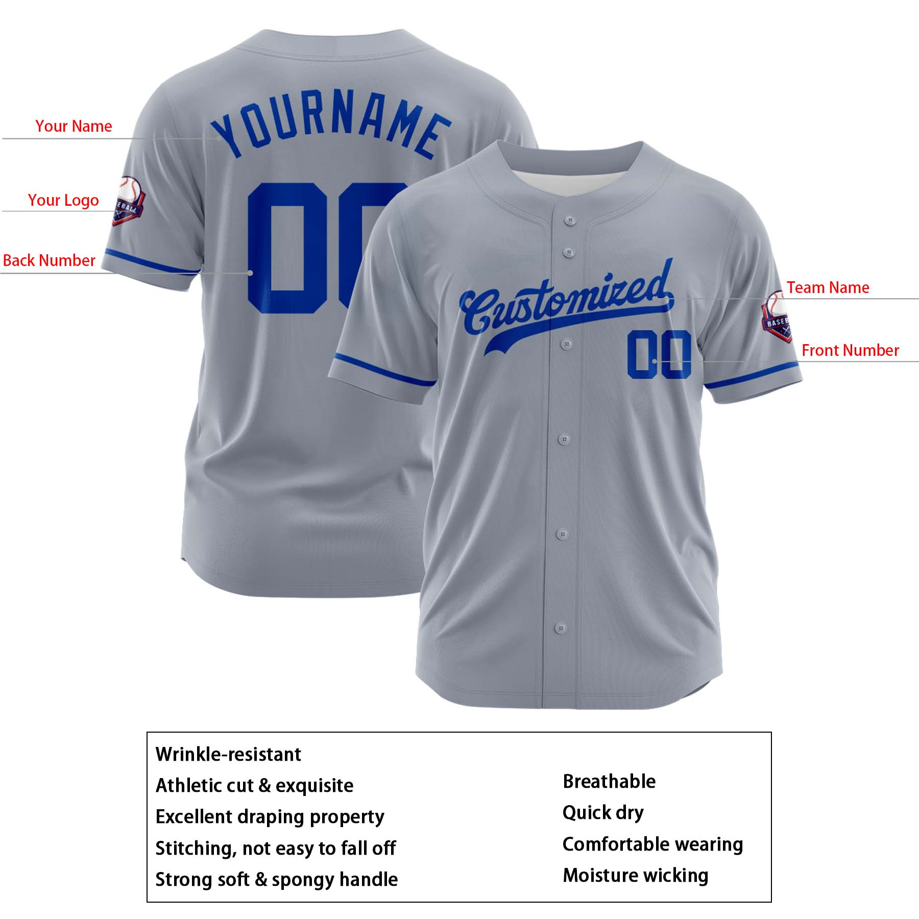 Custom Personalized Gray Blue Fashion Design Full Button Authentic Baseball Jersey