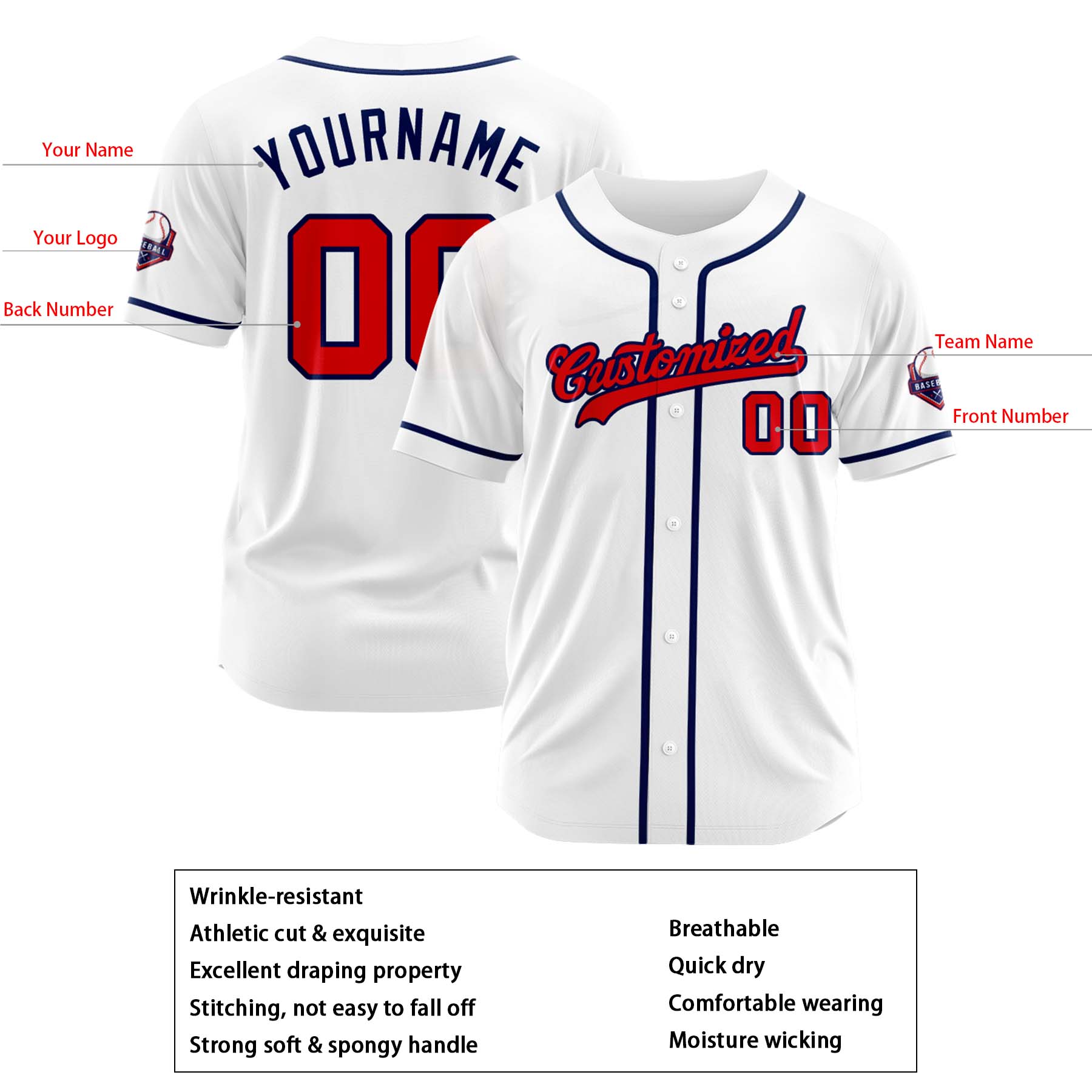 Custom Personalized White Red Navy Fashion Design Full Button Authentic Baseball Jersey