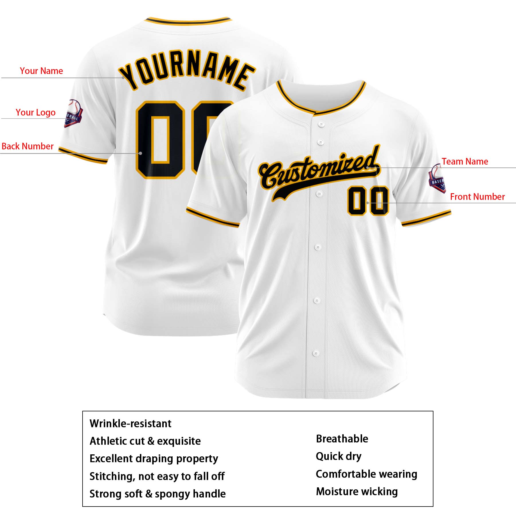 Custom Personalized White Black Yellow Fashion Design Full Button Authentic Baseball Jersey