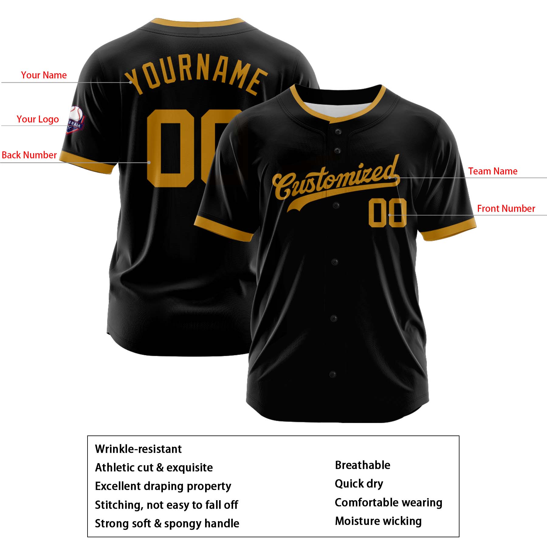 Custom Personalized Black Gold Fashion Design Full Button Authentic Baseball Jersey