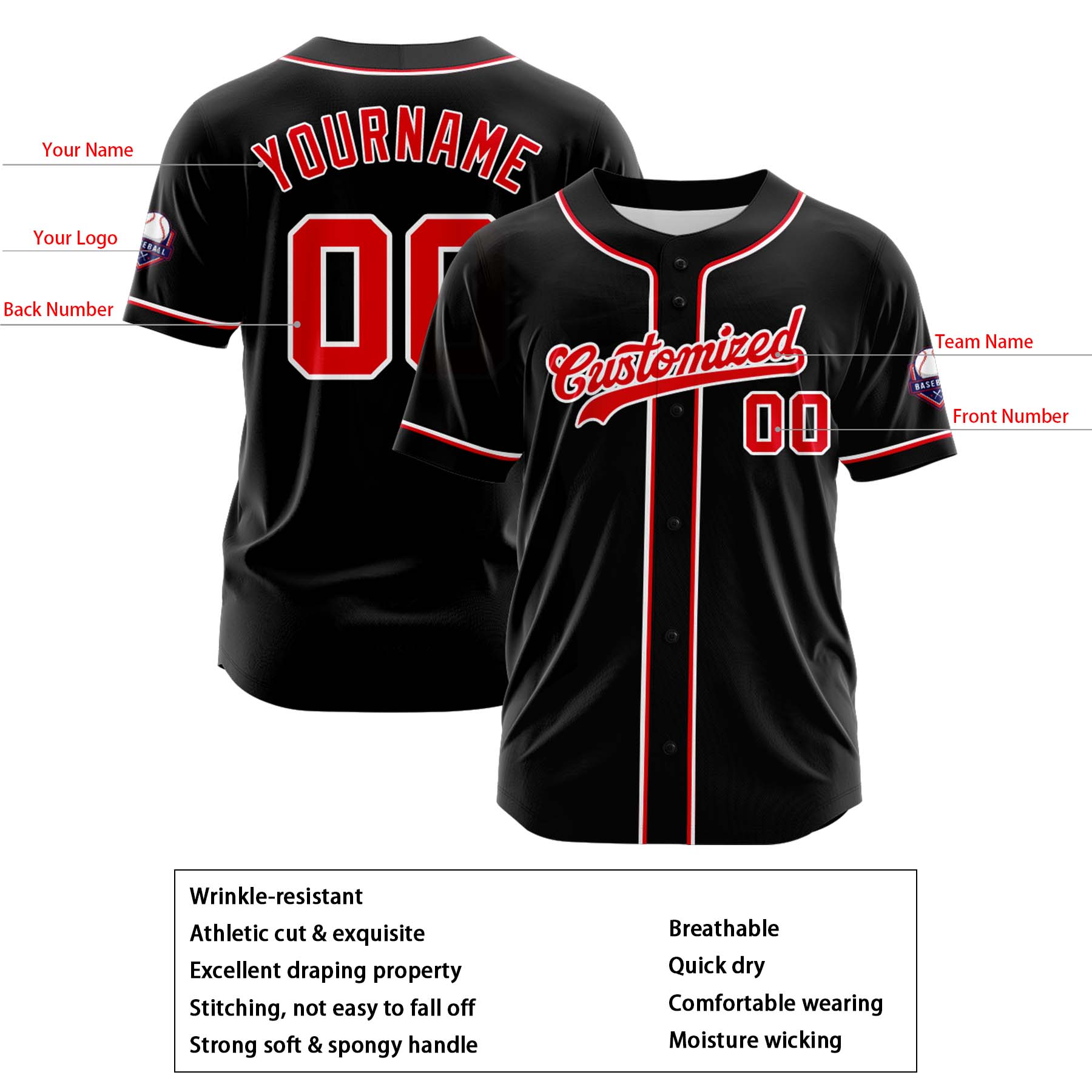 Custom Personalized Black Red White Fashion Design Full Button Authentic Baseball Jersey