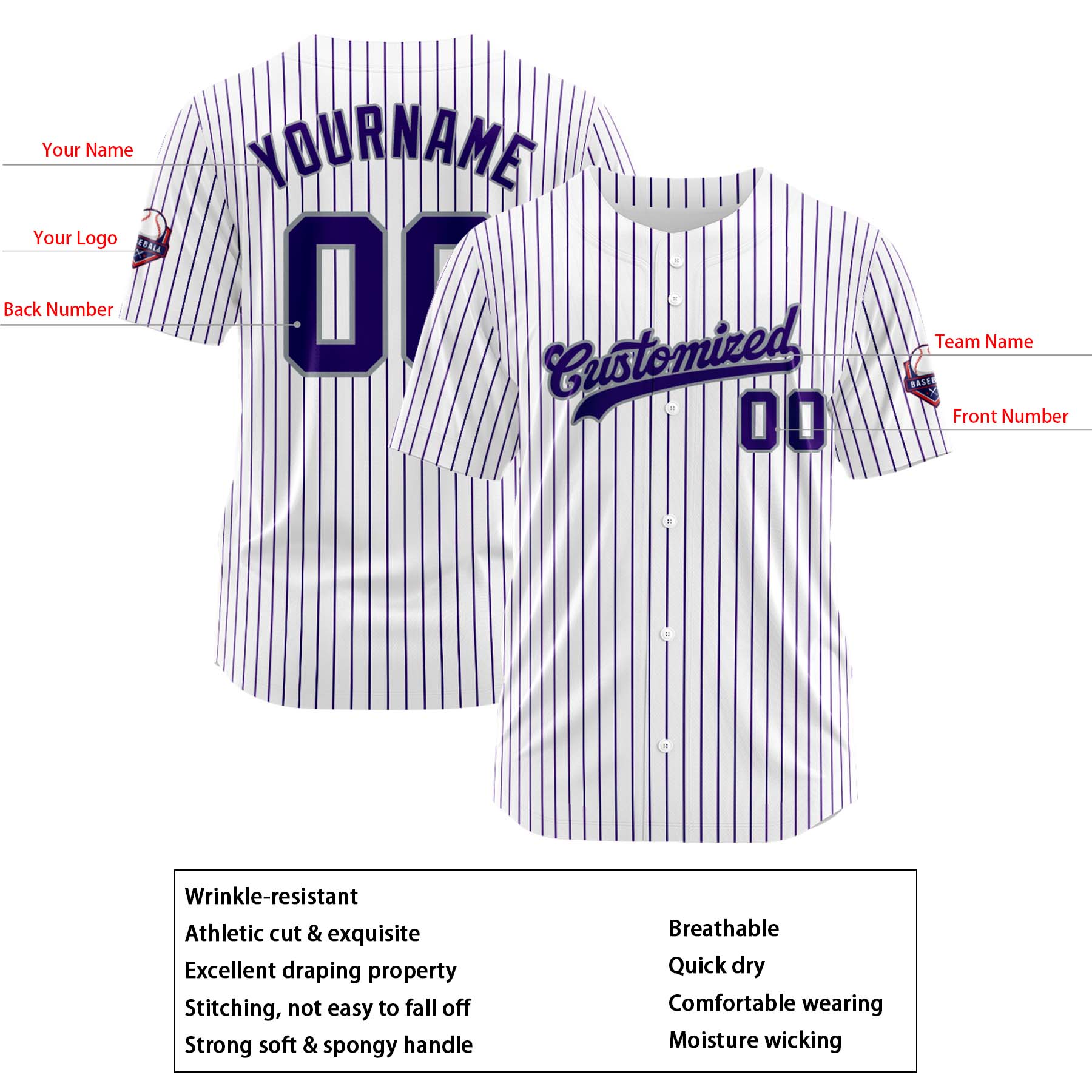 Custom Personalized Stripe White Blue Gray Fashion Design Full Button Authentic Baseball Jersey