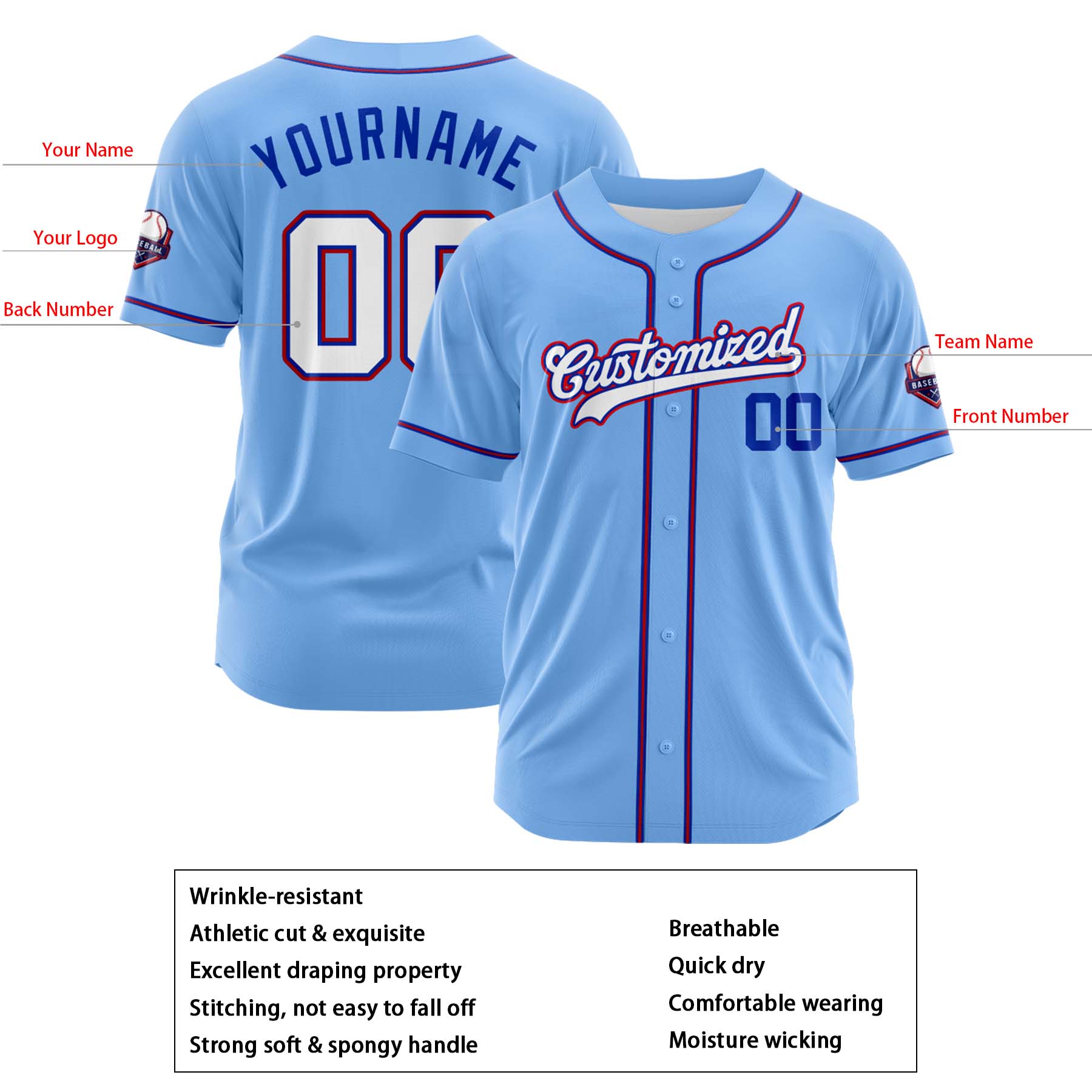 Custom Personalized Light Blue White Red Fashion Design Full Button Authentic Baseball Jersey