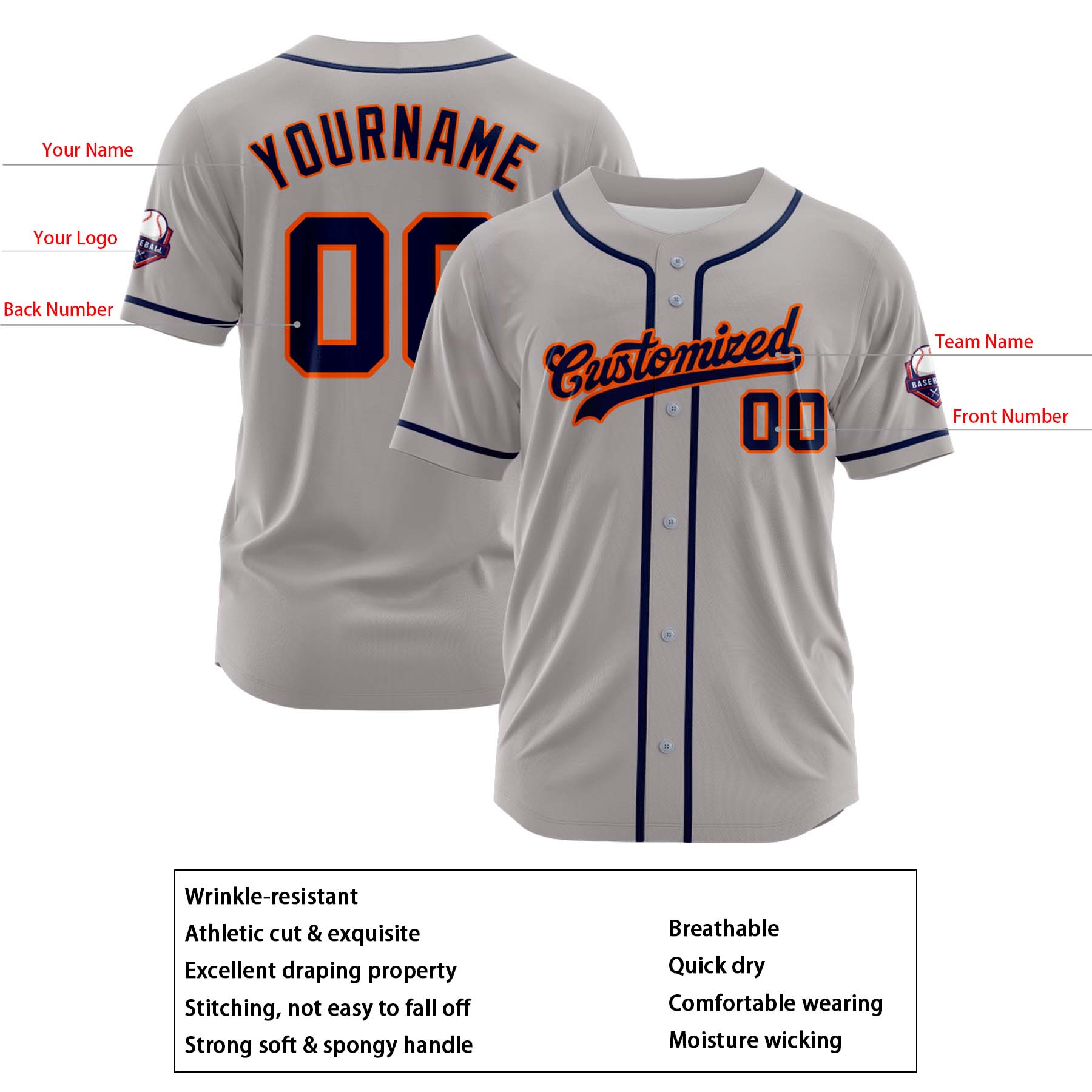 Custom Personalized Gray Navy Orange Fashion Design Full Button Authentic Baseball Jersey