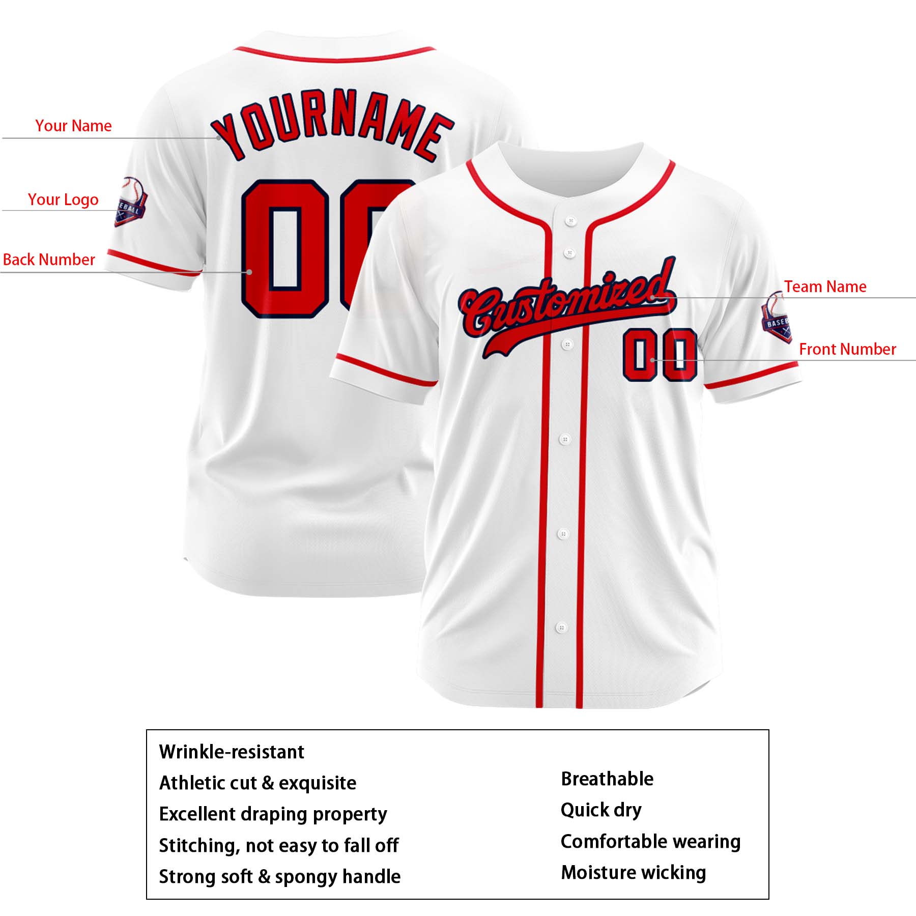 Custom Personalized White Black Red Fashion Design Full Button Authentic Baseball Jersey