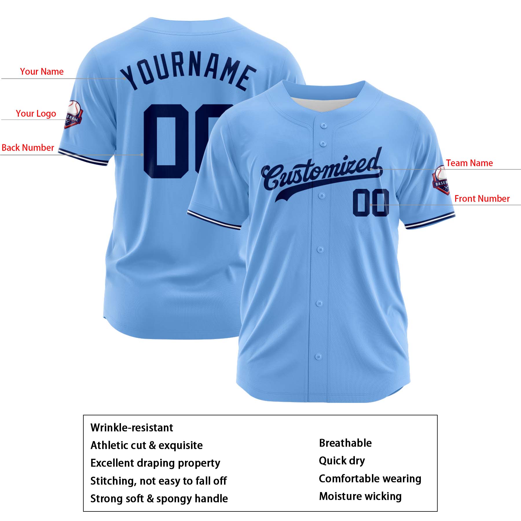 Custom Personalized Light Blue Navy Fashion Design Full Button Authentic Baseball Jersey