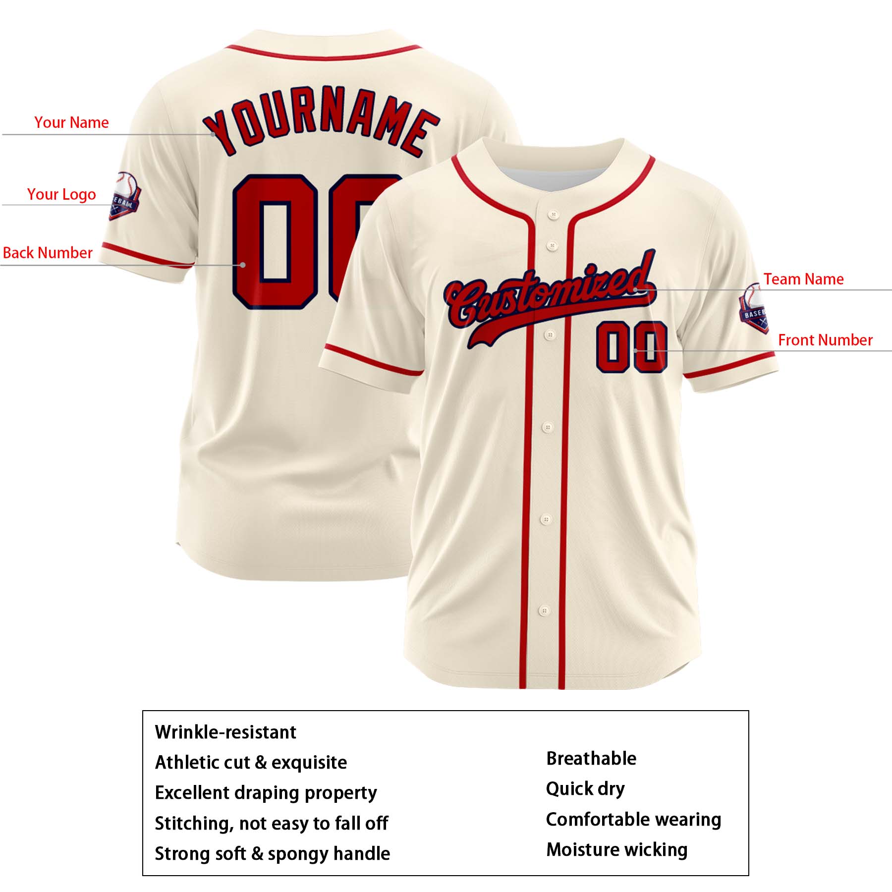 Custom Personalized Cream Red Navy Fashion Design Full Button Authentic Baseball Jersey