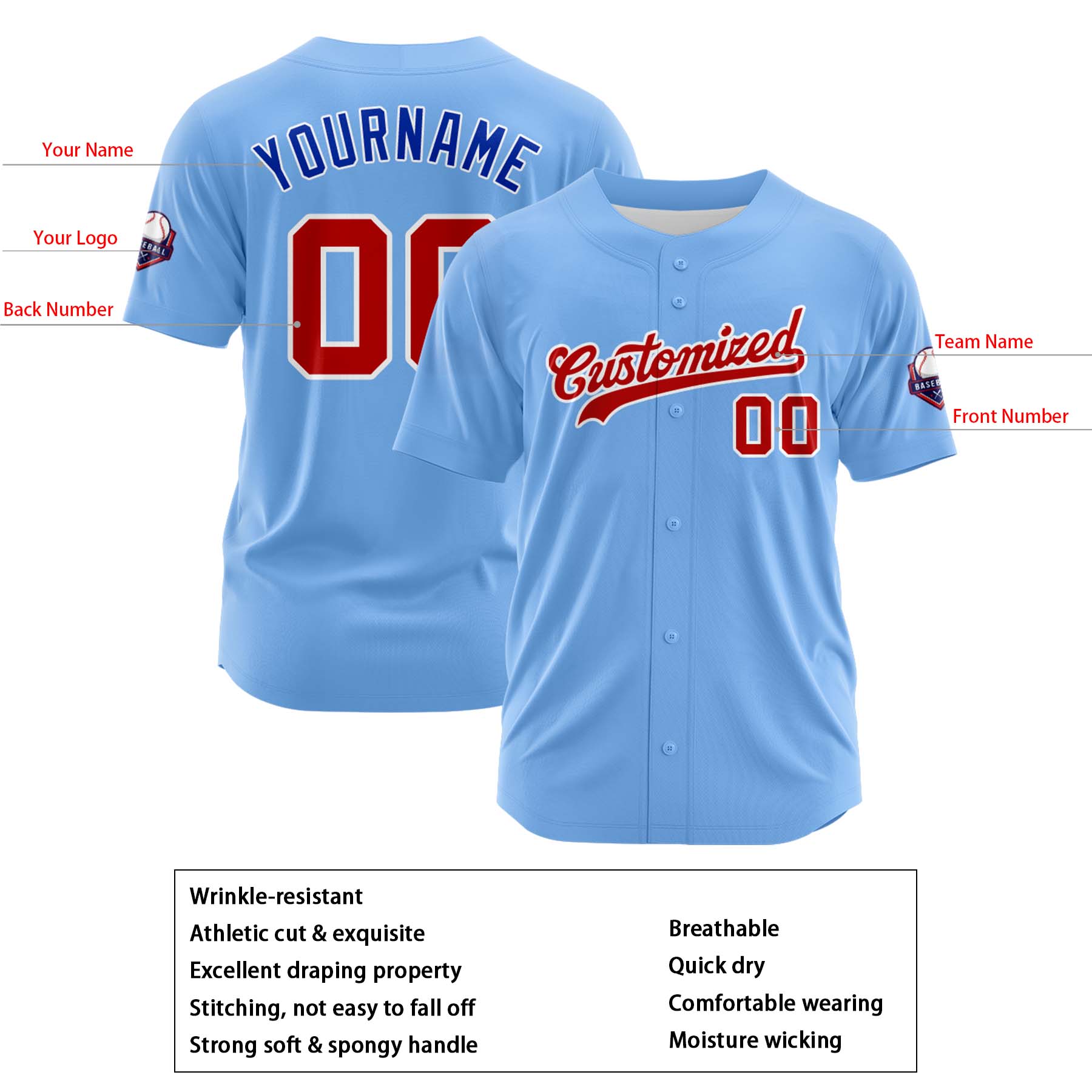 Custom Personalized Light Blue Red White Fashion Design Full Button Authentic Baseball Jersey