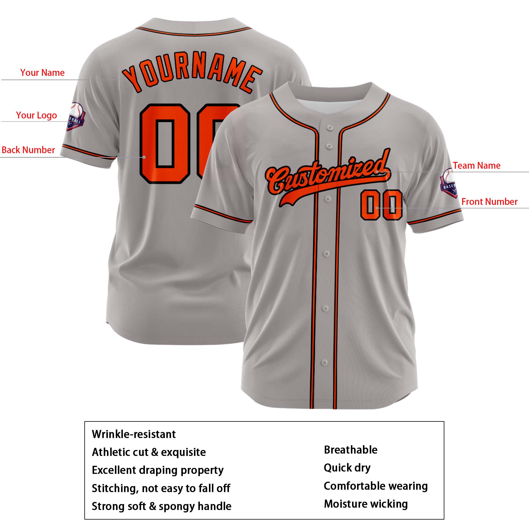 Custom Personalized Gray Orange Black Fashion Design Full Button Authentic Baseball Jersey