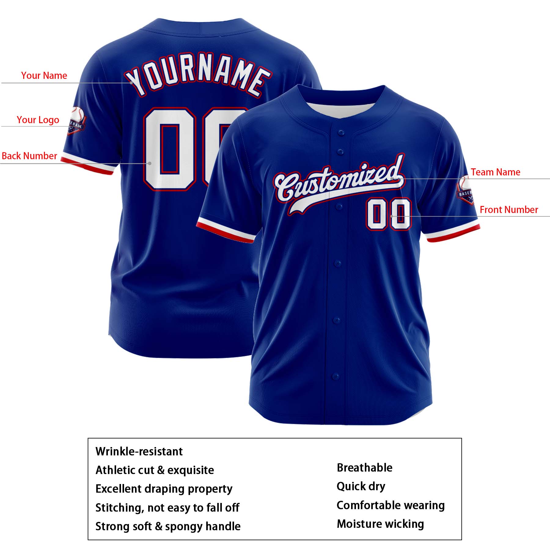 Custom Personalized Blue White Red Fashion Design Full Button Authentic Baseball Jersey