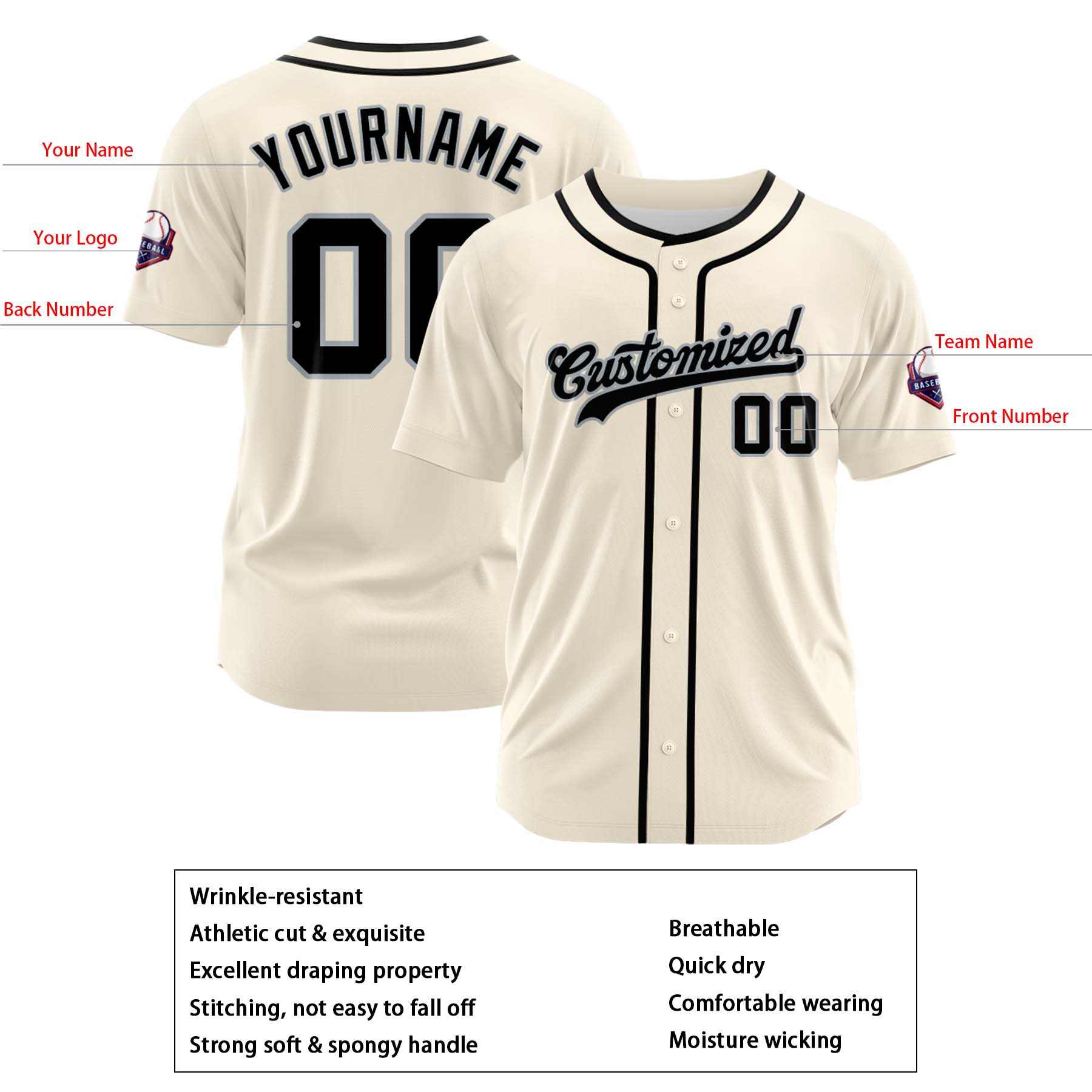 Custom Personalized Cream Black Gray Fashion Design Full Button Authentic Baseball Jersey