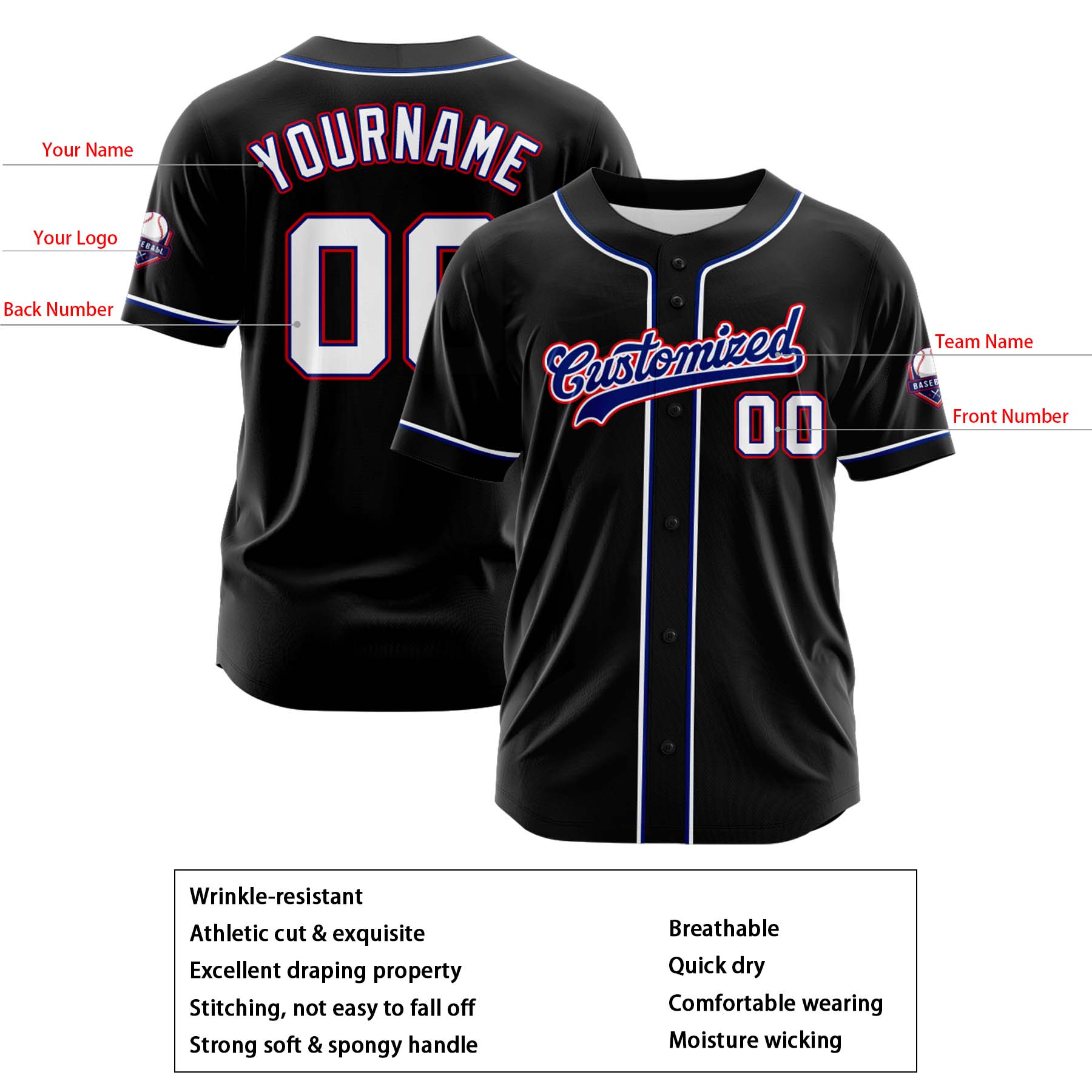 Custom Personalized Black White Red Fashion Design Full Button Authentic Baseball Jersey