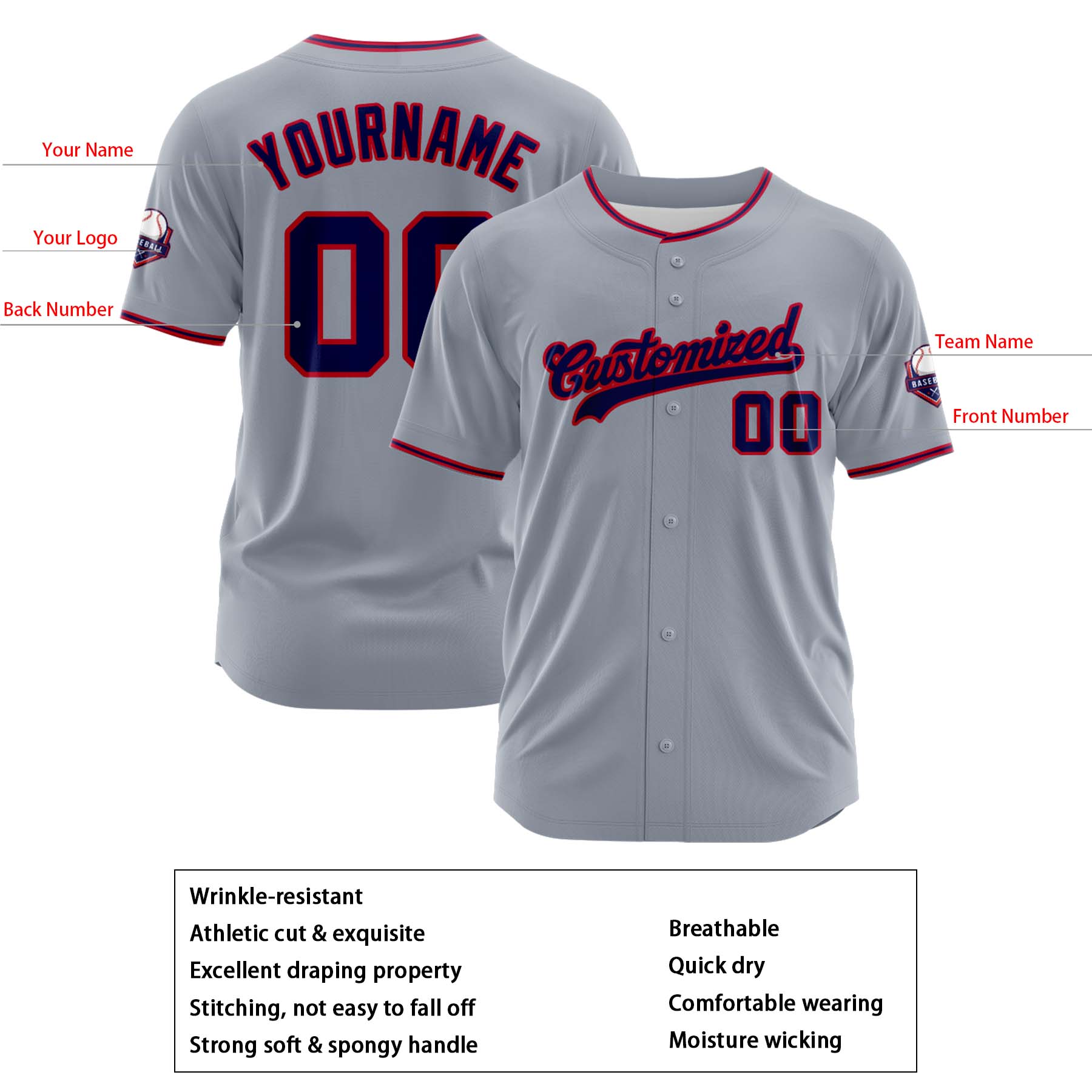 Custom Personalized Gray Navy Red Fashion Design Full Button Authentic Baseball Jersey
