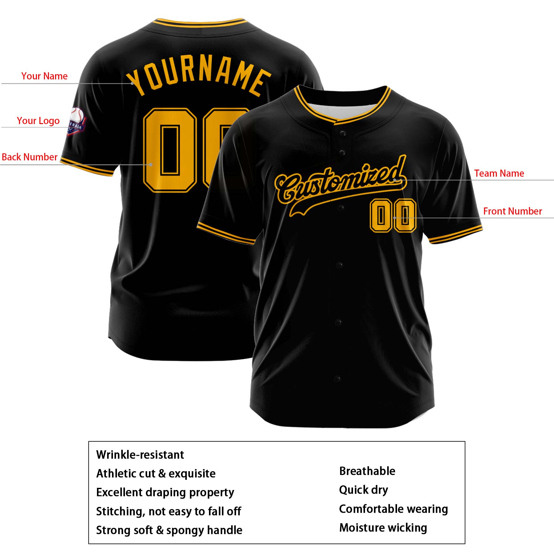 Custom Personalized Black Yellow Fashion Design Full Button Authentic Baseball Jersey