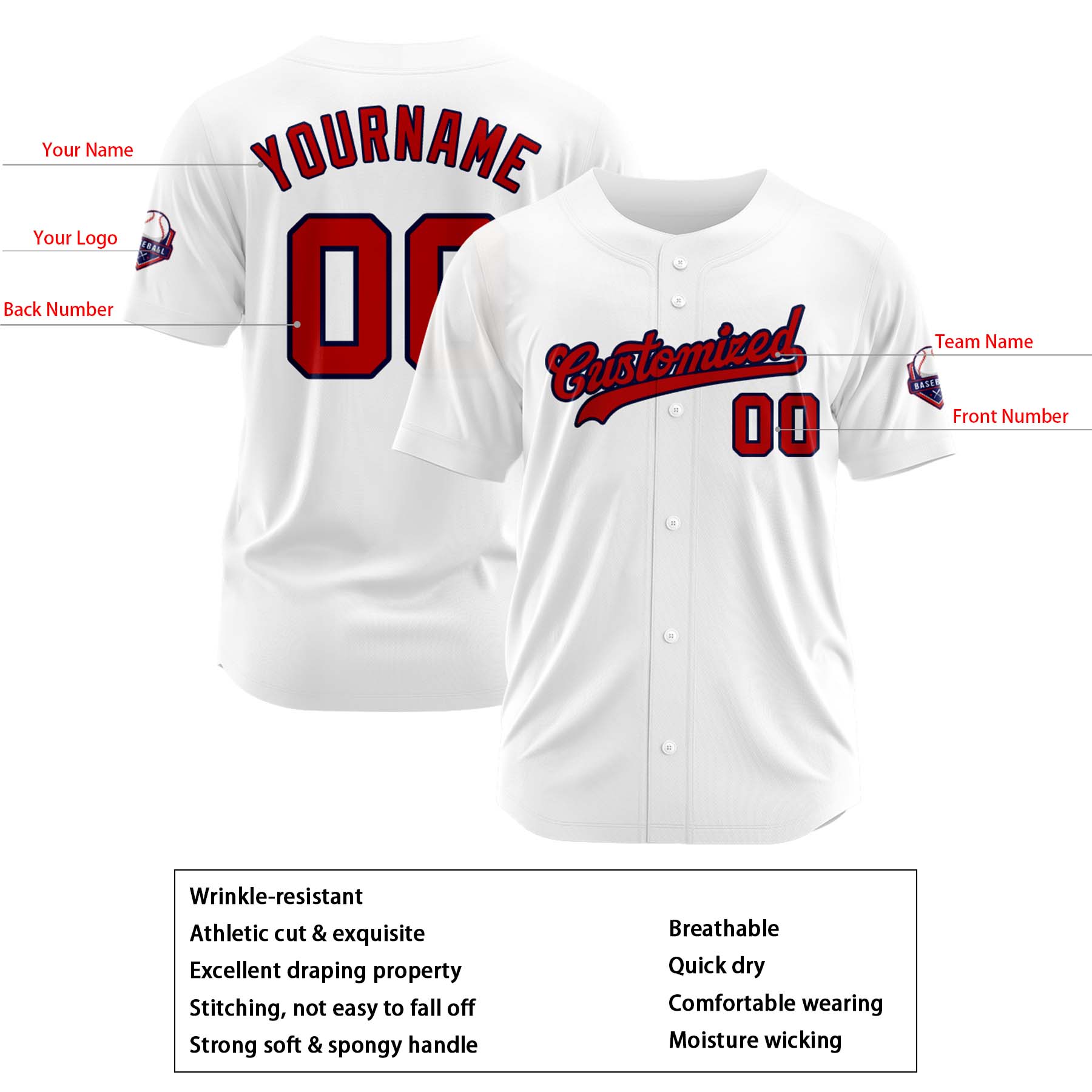 Custom Personalized White Red Navy Fashion Design Full Button Authentic Baseball Jersey