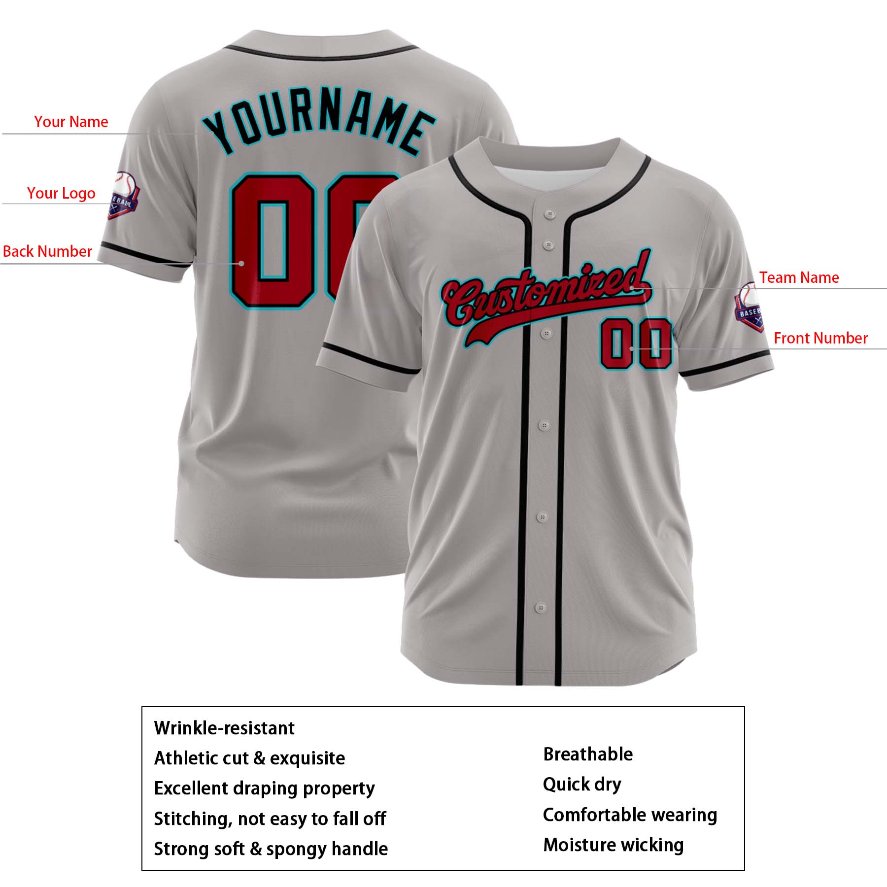 Custom Personalized Gray Red Cyan Fashion Design Full Button Authentic Baseball Jersey