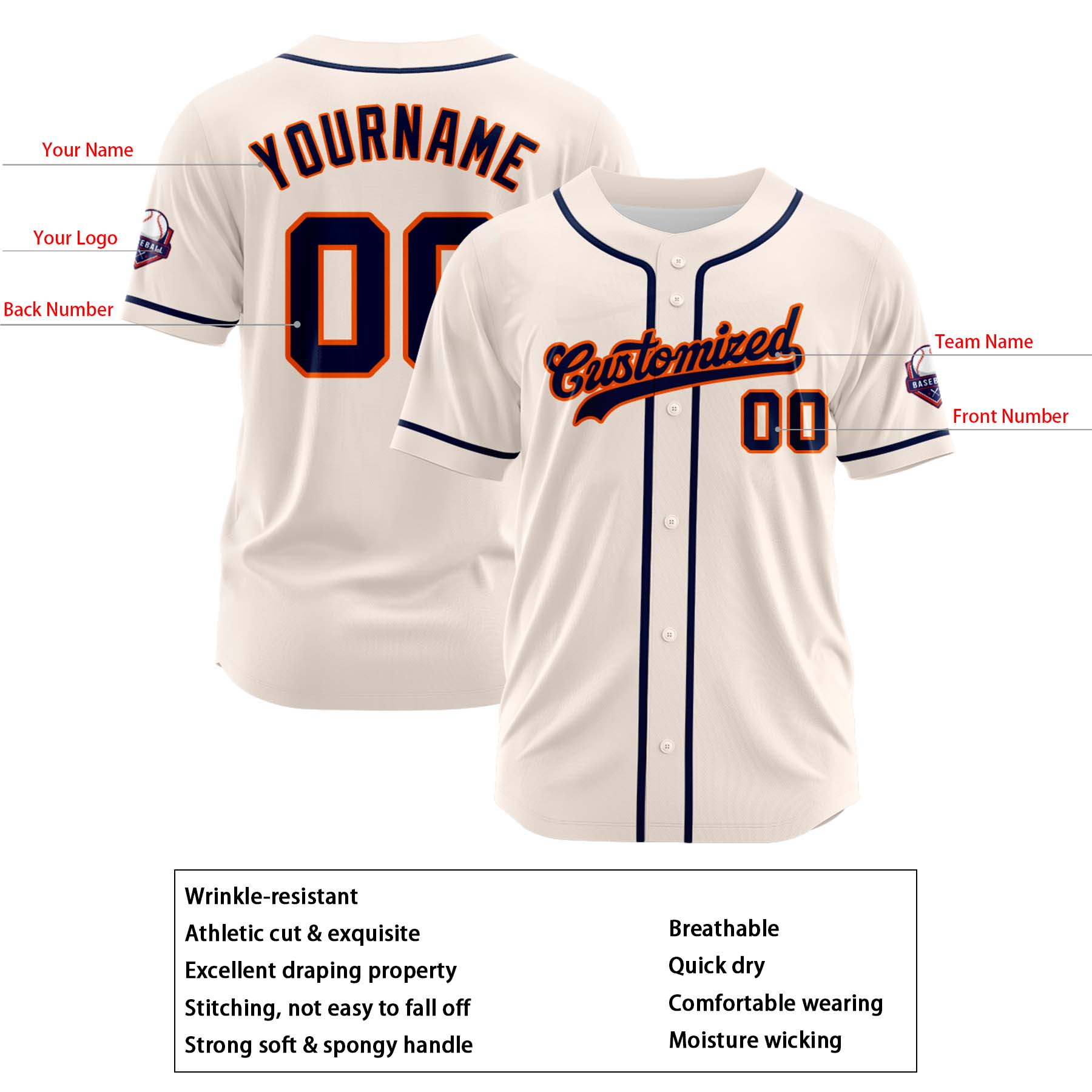 Custom Personalized Cream Navy Orange Fashion Design Full Button Authentic Baseball Jersey