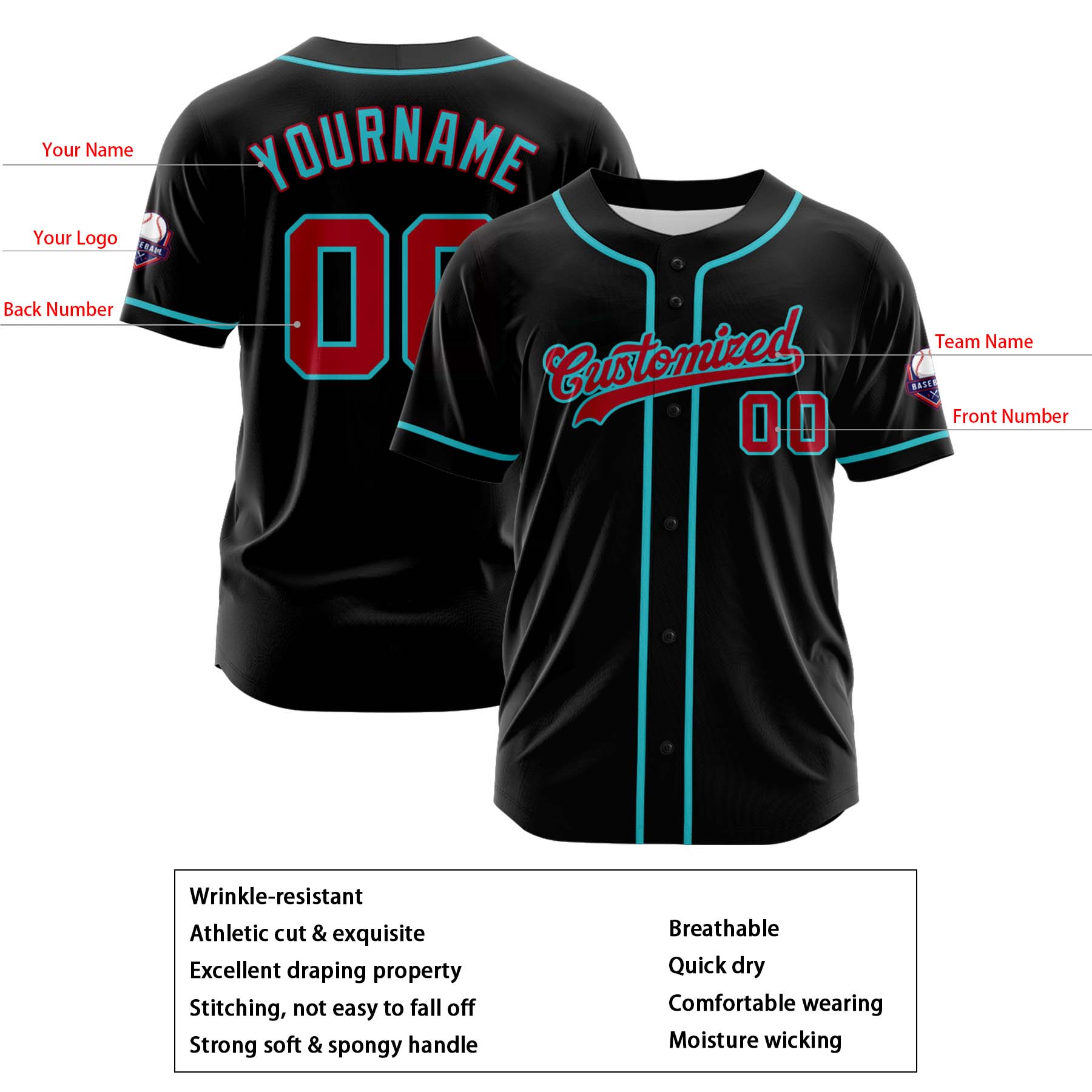 Custom Personalized Black Red Cyan Fashion Design Full Button Authentic Baseball Jersey