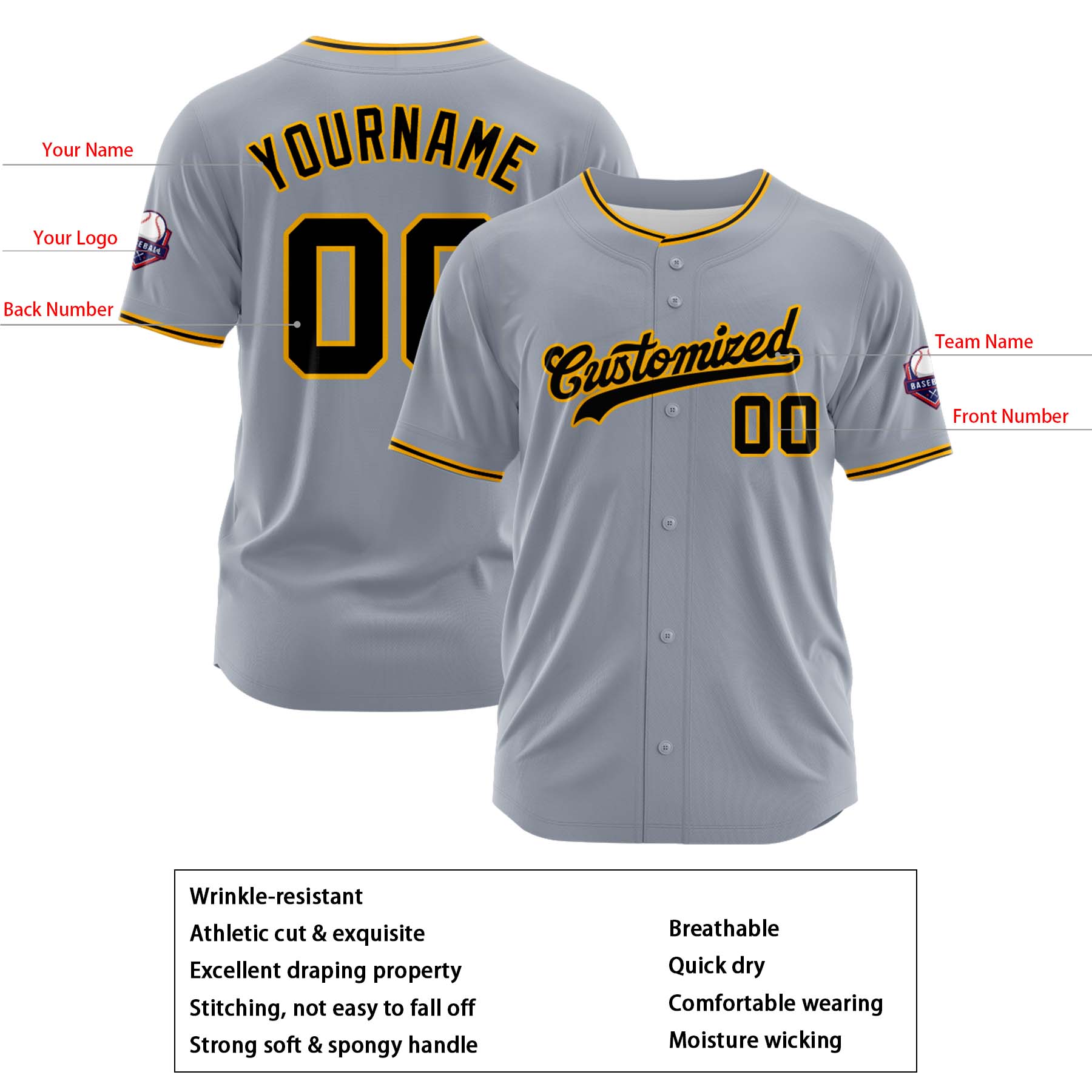 Custom Personalized Gray Black Yellow Fashion Design Full Button Authentic Baseball Jersey