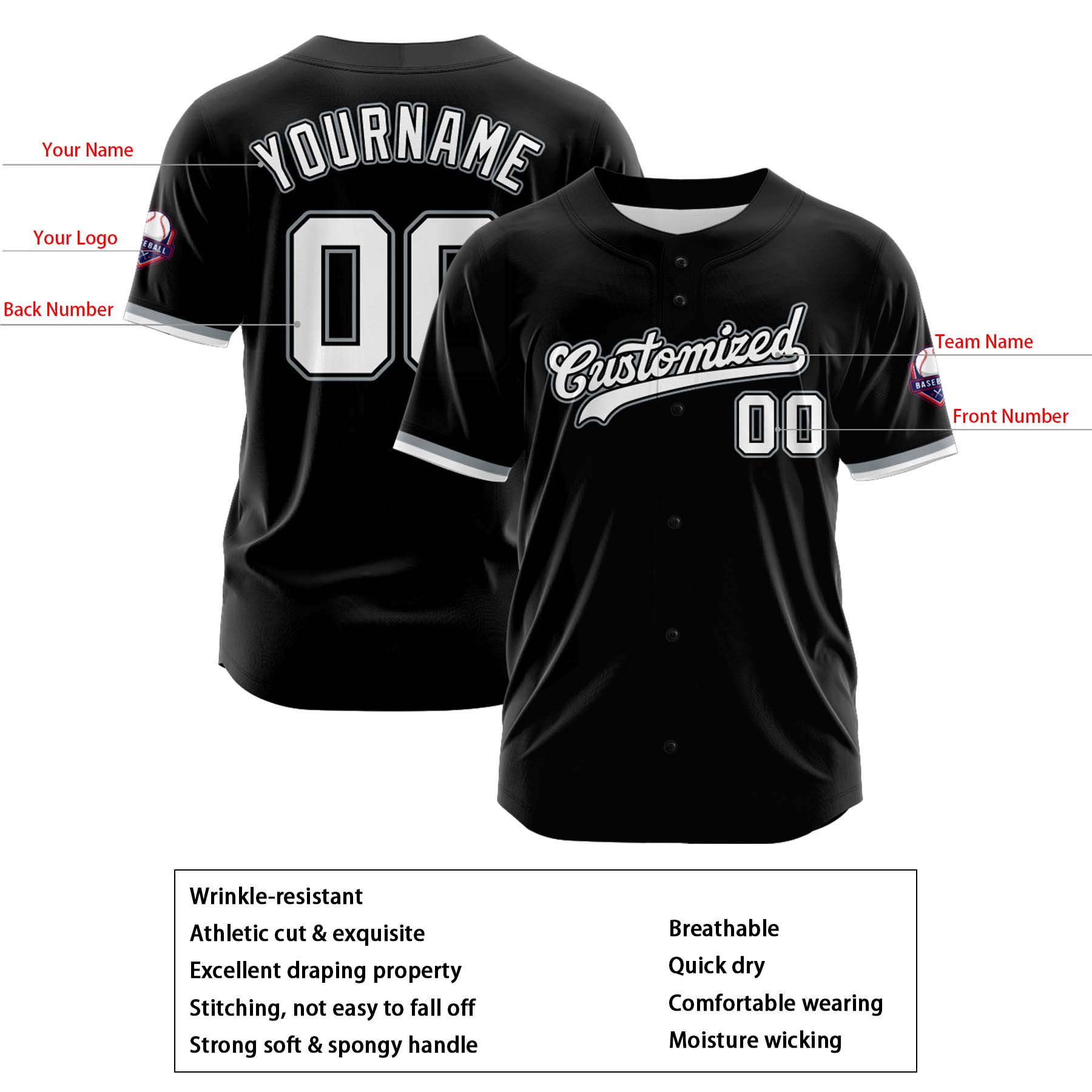 Custom Personalized Black White Gray Fashion Design Full Button Authentic Baseball Jersey
