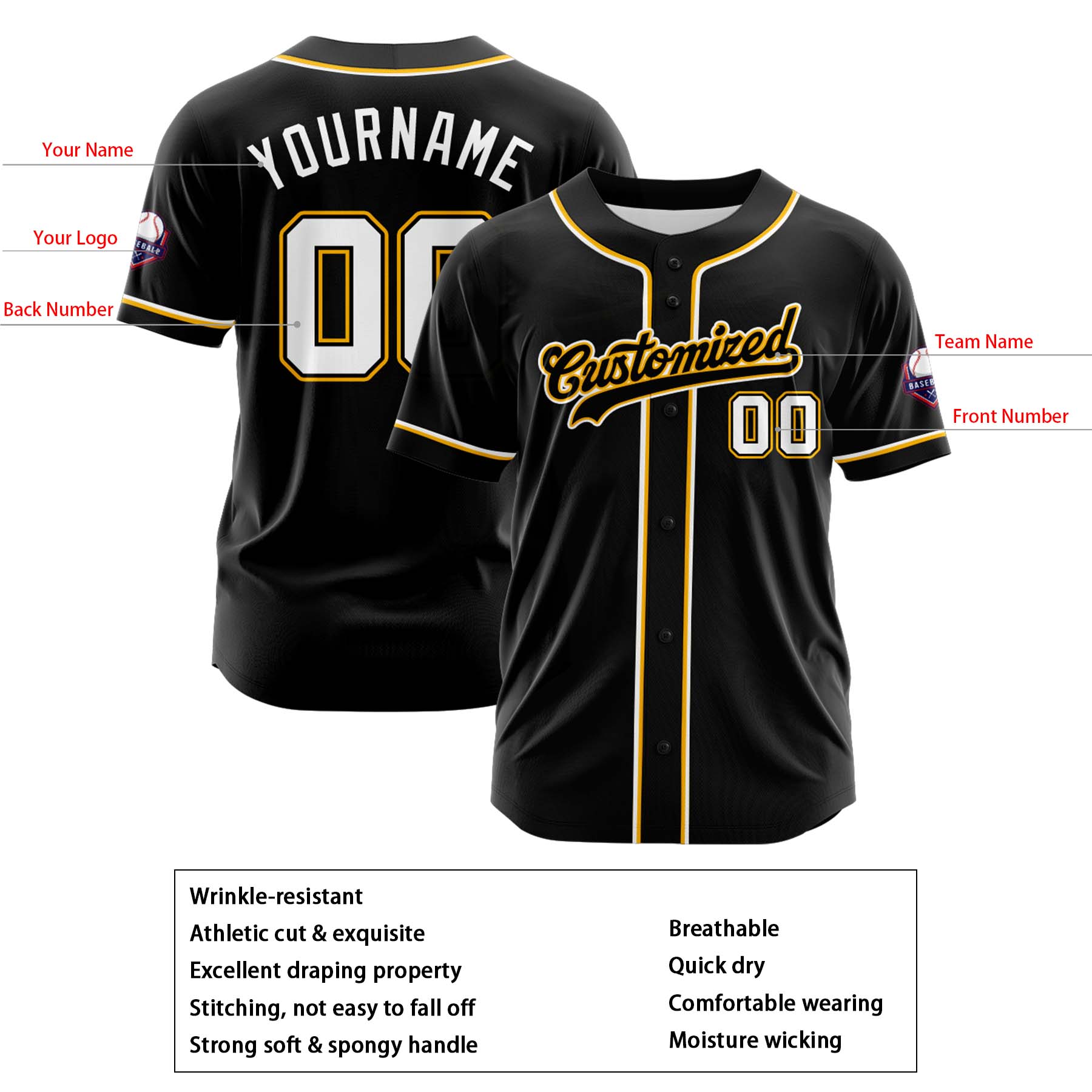 Custom Personalized Black White Yellow Fashion Design Full Button Authentic Baseball Jersey
