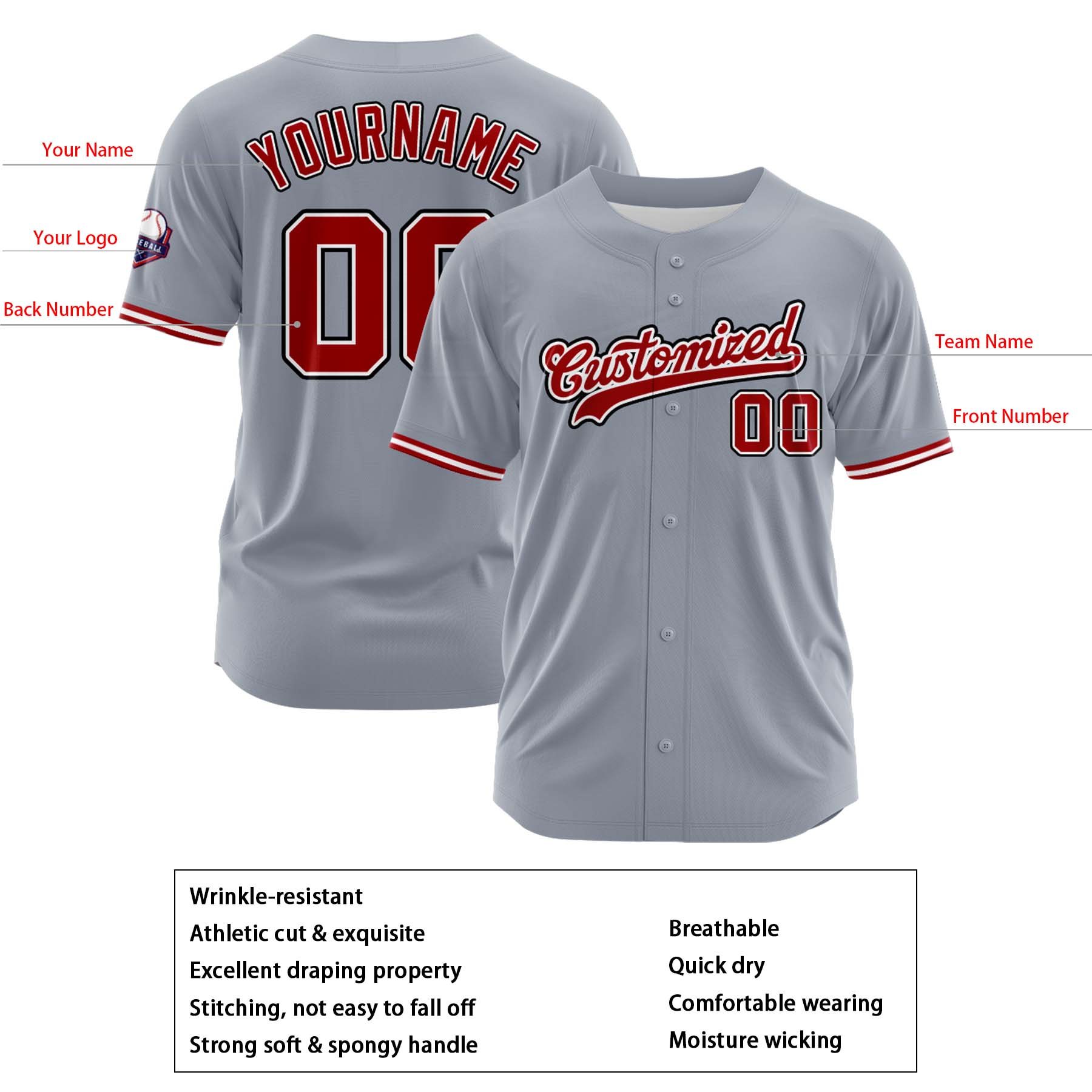 Custom Personalized Gray Red Fashion Design Full Button Authentic Baseball Jersey