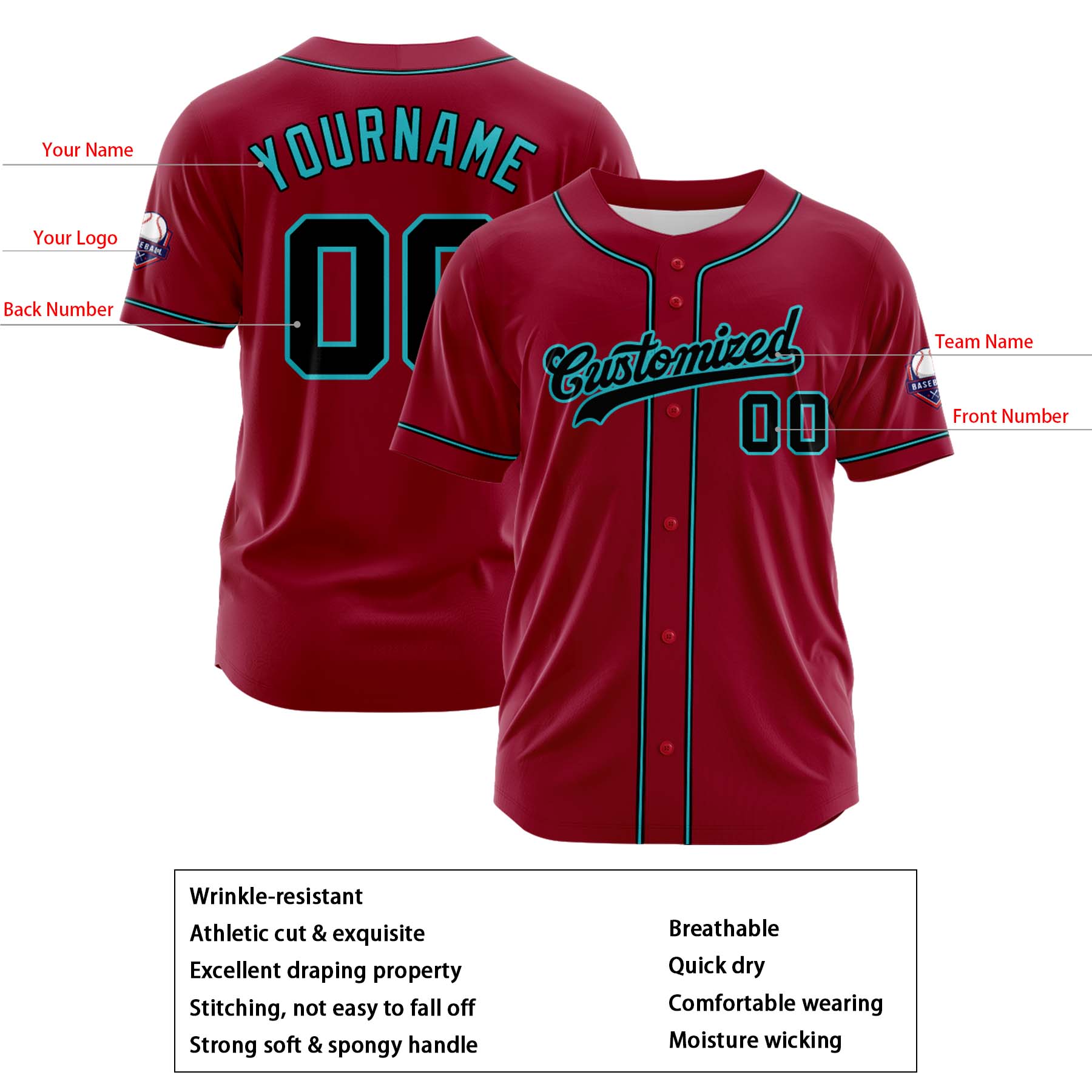 Custom Personalized Crimson Cyan Black Fashion Design Full Button Authentic Baseball Jersey