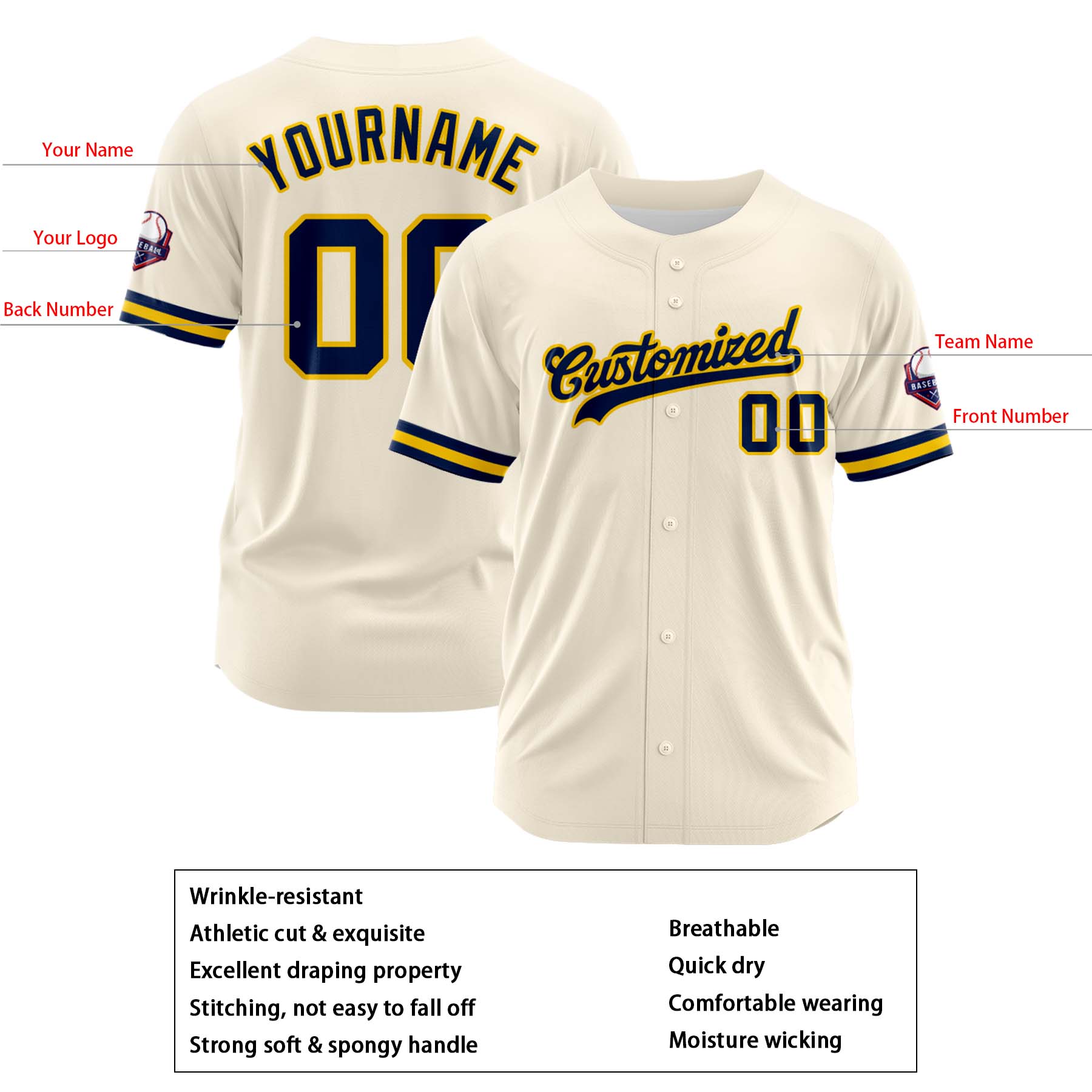 Custom Personalized Cream Navy Fashion Design Full Button Authentic Baseball Jersey