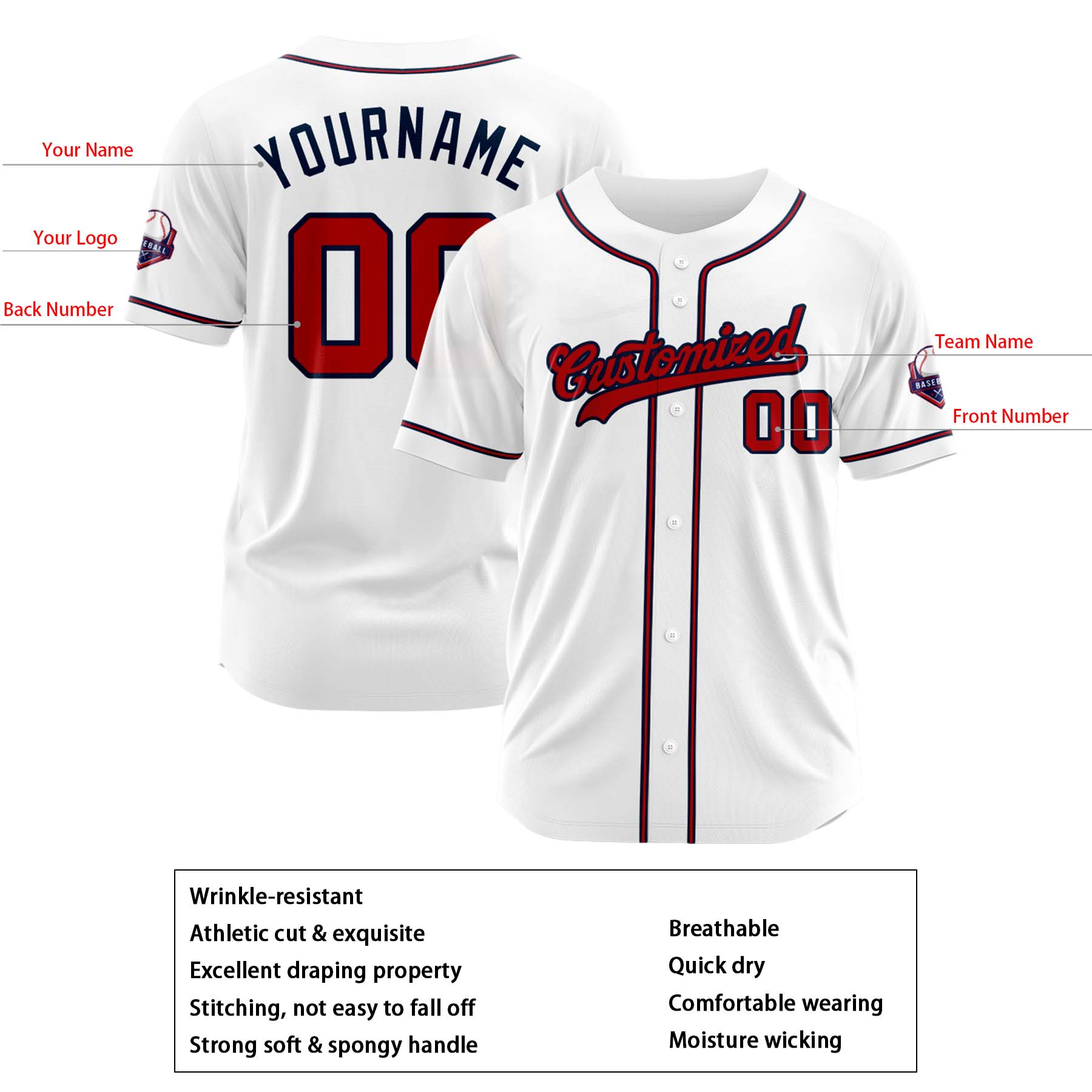 Custom Personalized White Red Black Fashion Design Full Button Authentic Baseball Jersey