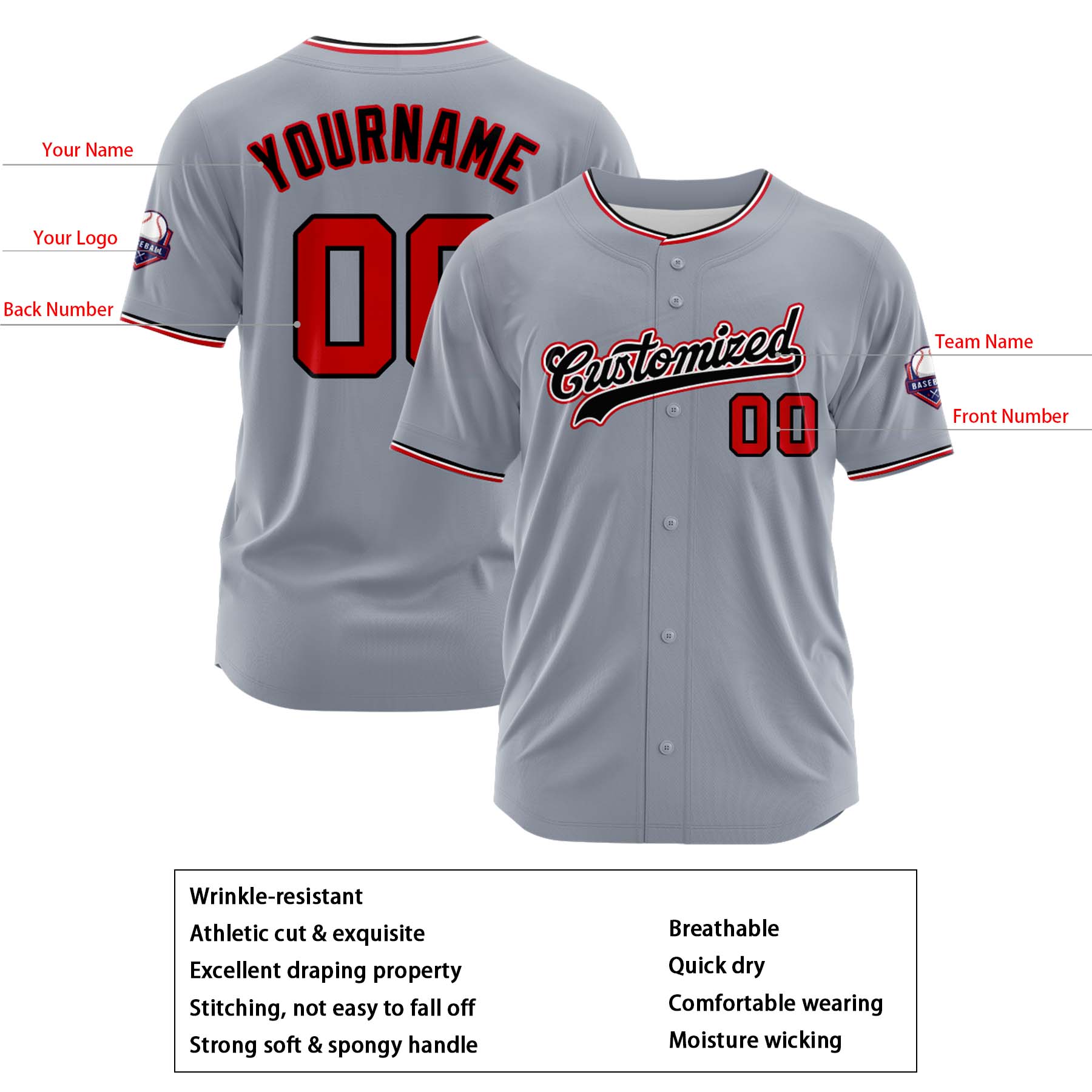 Custom Personalized Gray Black Red Fashion Design Full Button Authentic Baseball Jersey