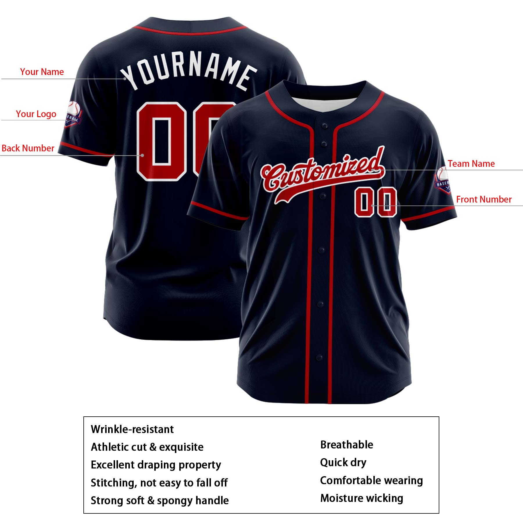 Custom Personalized Navy Red White Fashion Design Full Button Authentic Baseball Jersey