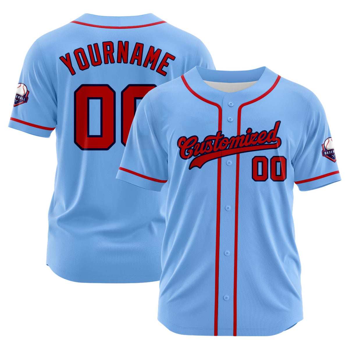 Custom Personalized Light Blue Red Fashion Design Full Button Authentic Baseball Jersey