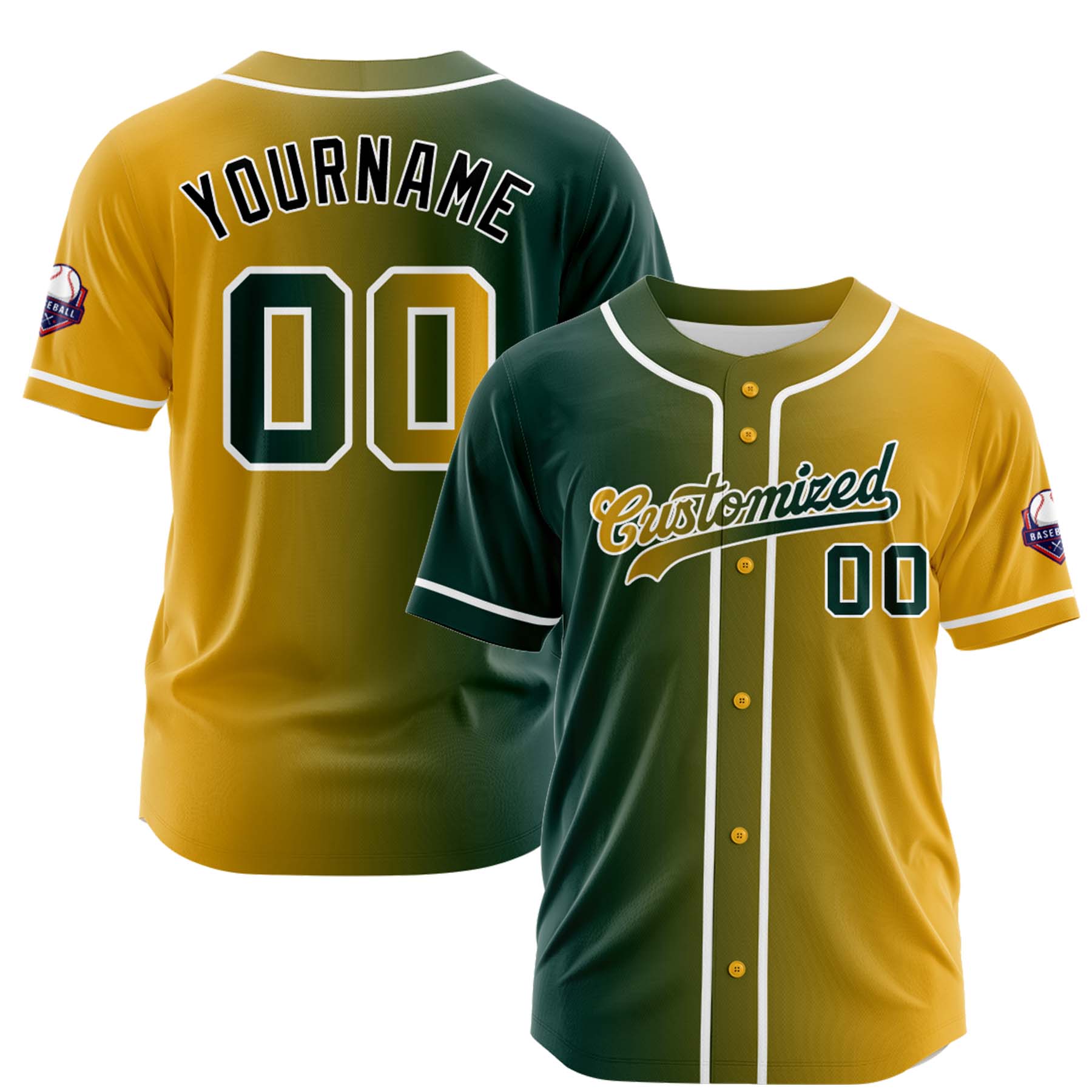 Custom Dark Green Gold Gradient Fashion Design Full Button Authentic Baseball Jersey