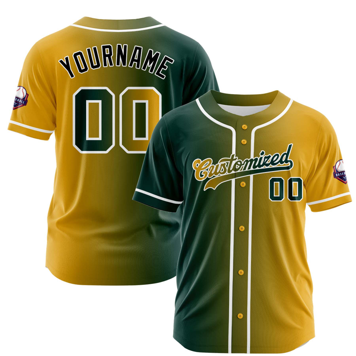 Custom Dark Green Gold Gradient Fashion Design Full Button Authentic Baseball Jersey