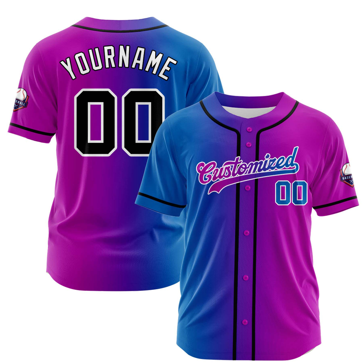 Custom Blue Deep Pink Gradient Fashion Design Full Button Authentic Baseball Jersey